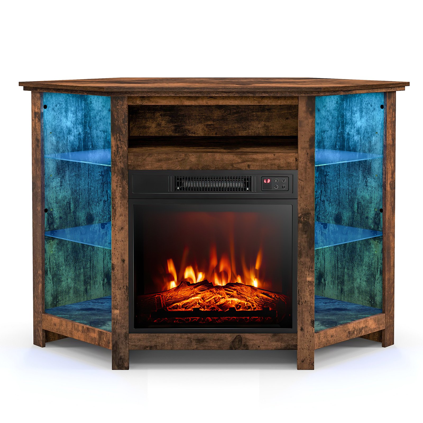 Corner TV Stand with Fireplace Insert and LED Lights-Rustic Brown