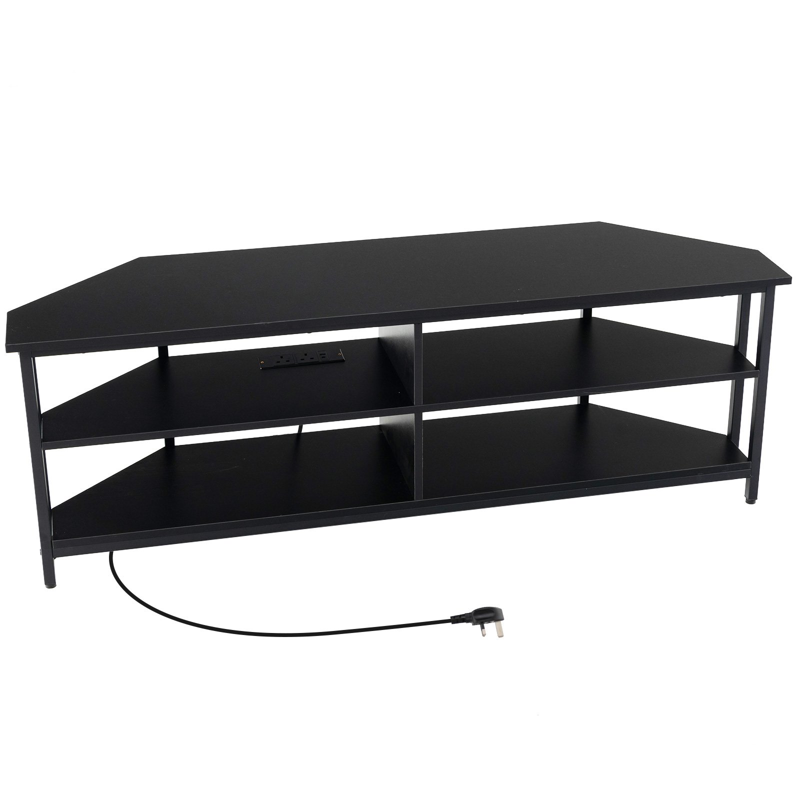 Corner TV Stand with AC Outlets and Storage Shelves-Black