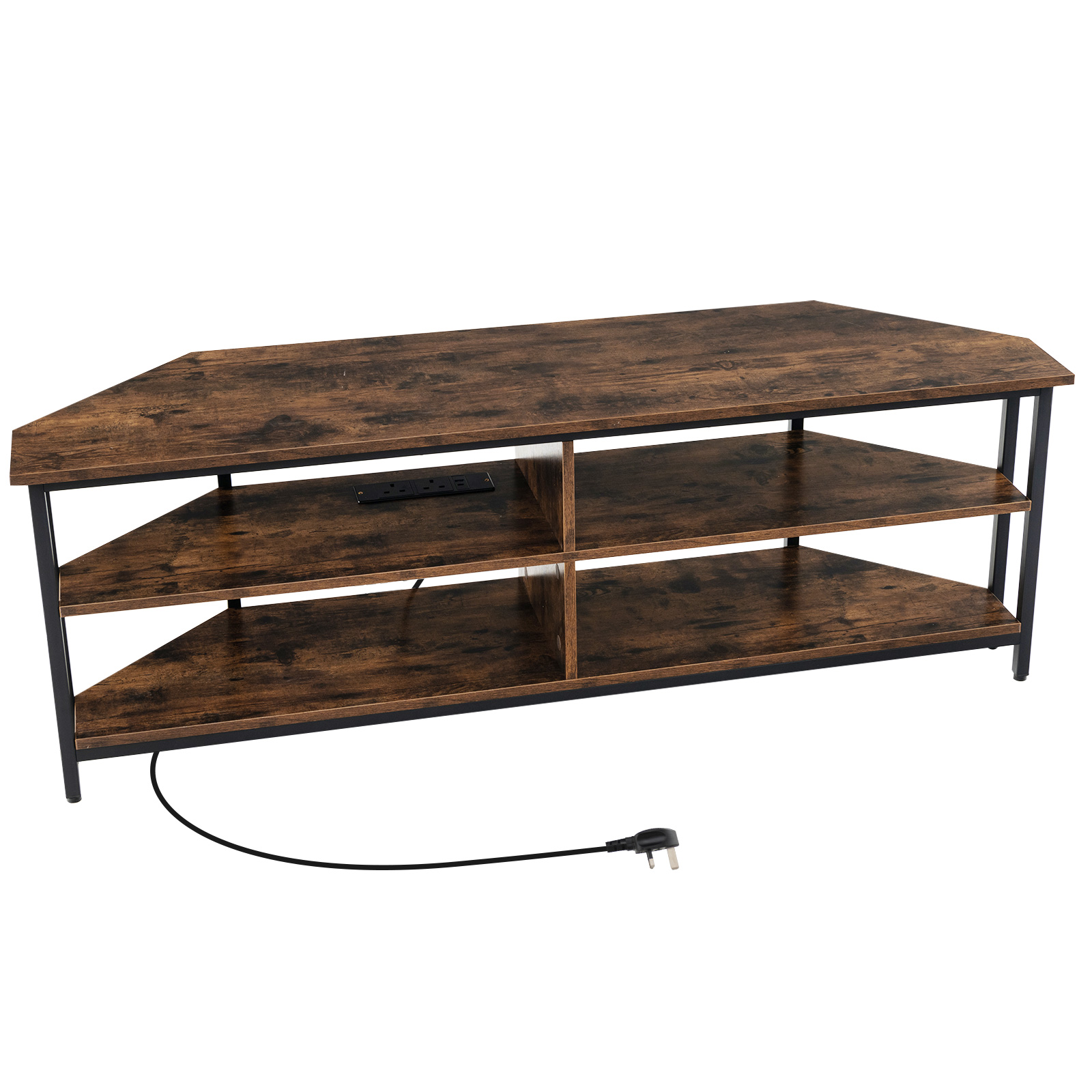 Corner TV Stand with AC Outlets and Storage Shelves-Brown