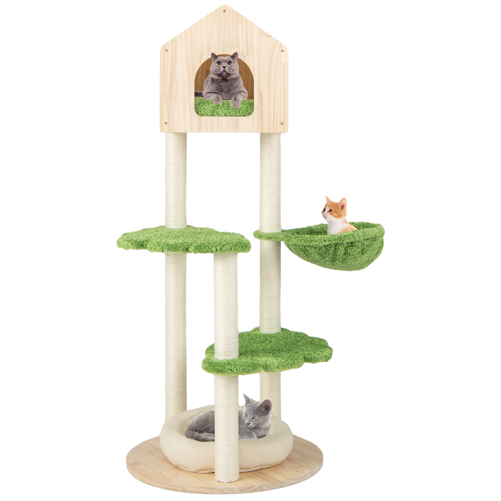 Wooden Cat Tree with Sisal Scratching Posts-Green