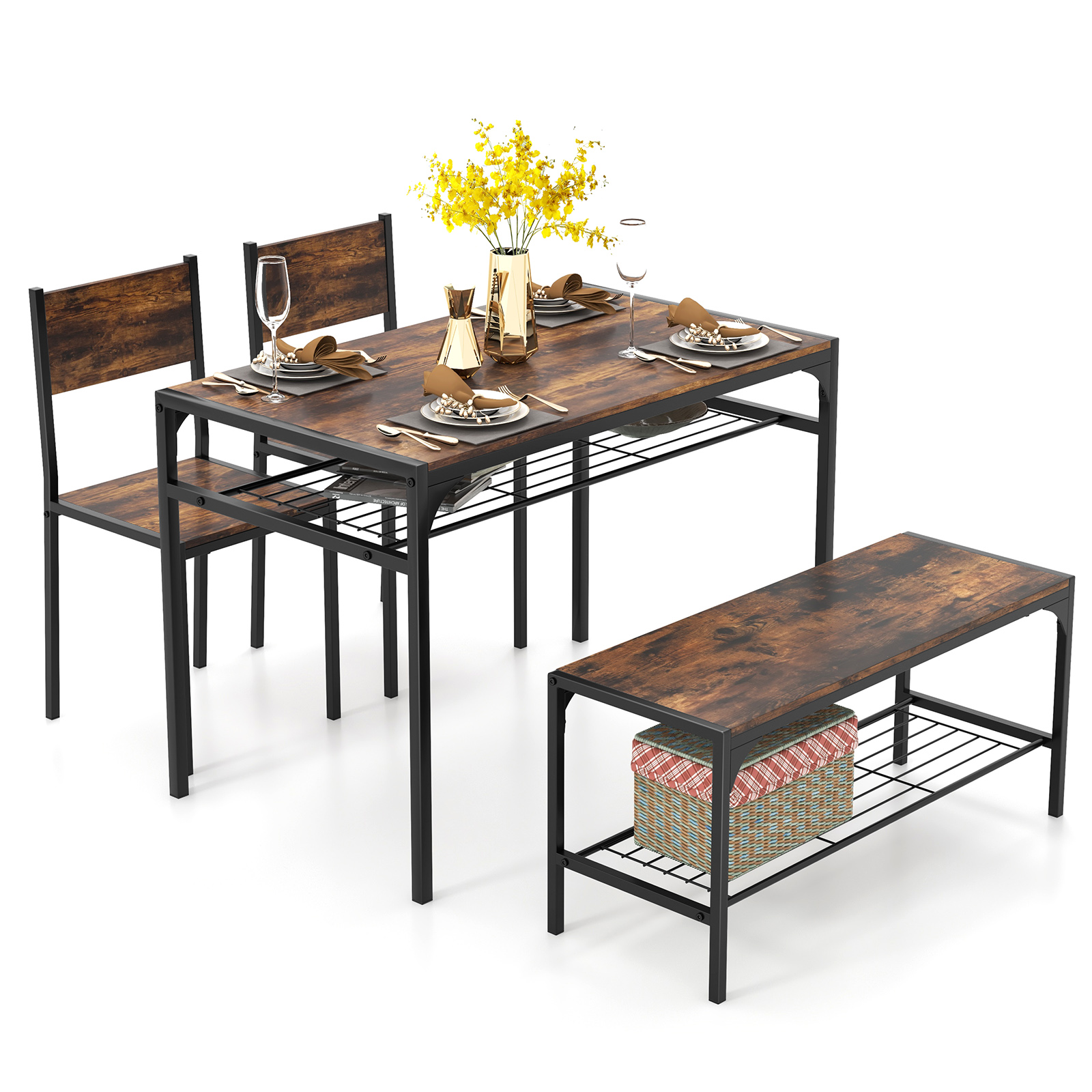 Dining Table Set for 4 with Storage Racks and Metal Frame-Rustic Brown