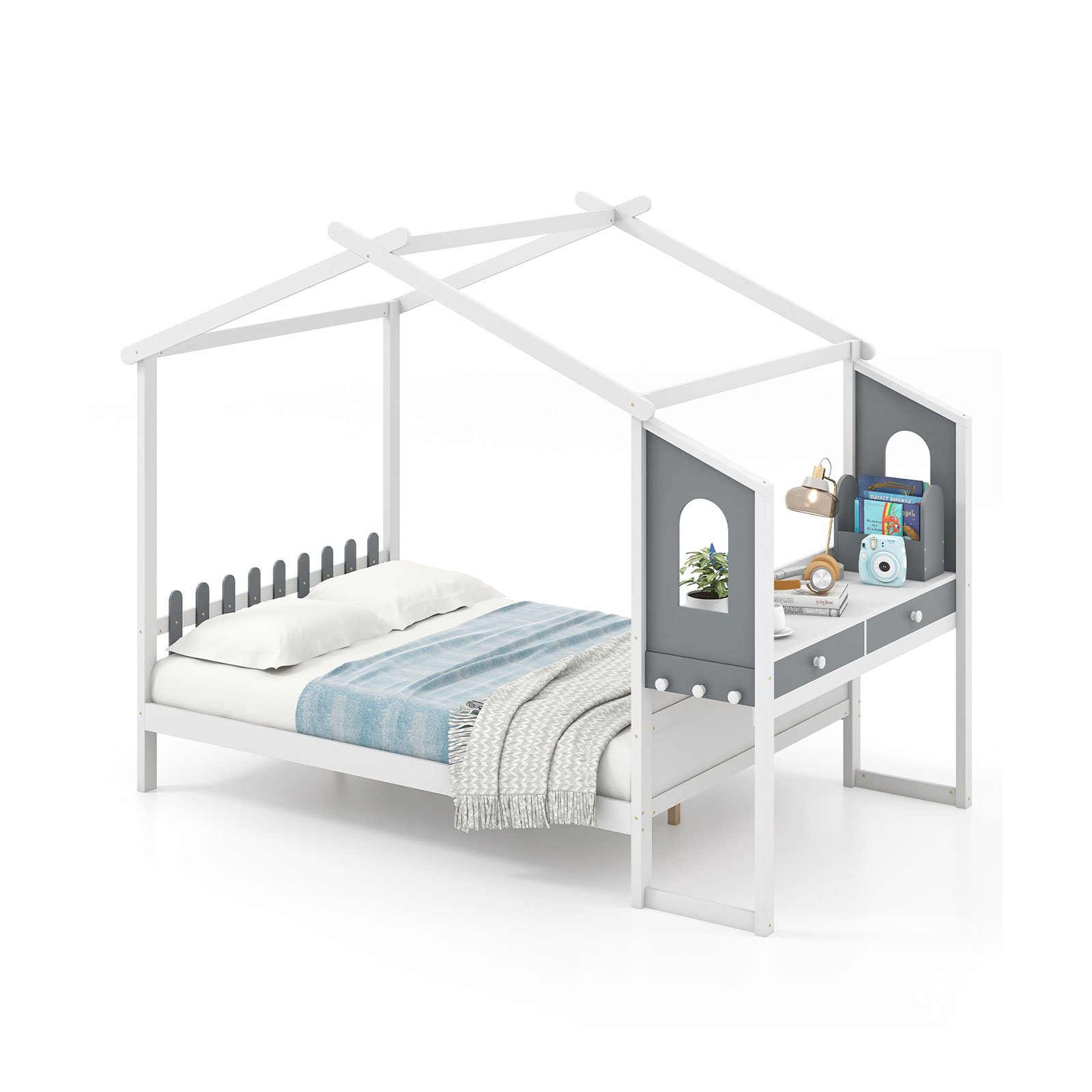 Single/Double House Bed Wood Montessori Bed Frame with Desk-Double Size