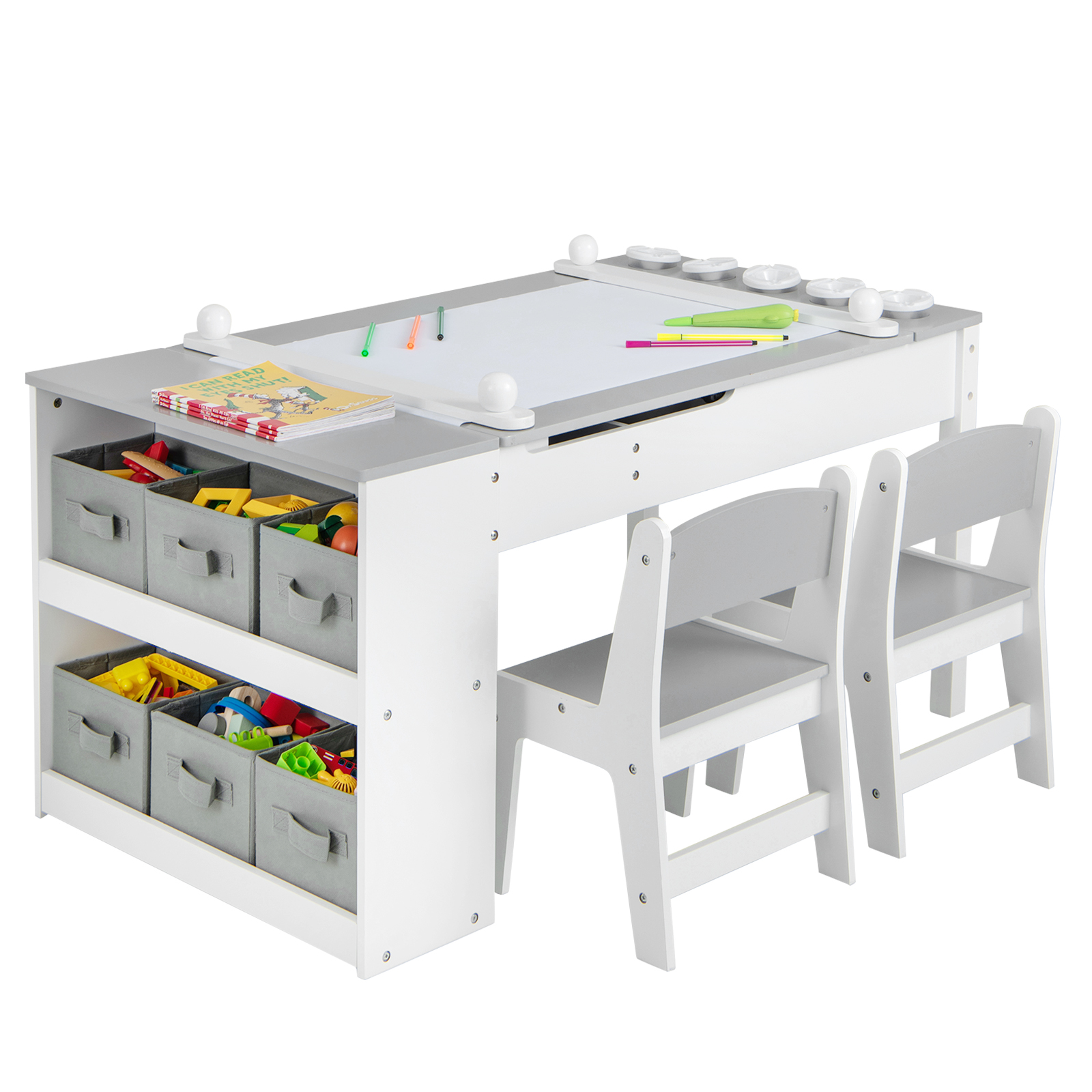 2-in-1 Kids Art Table and Art Easel Set with Chairs-Grey