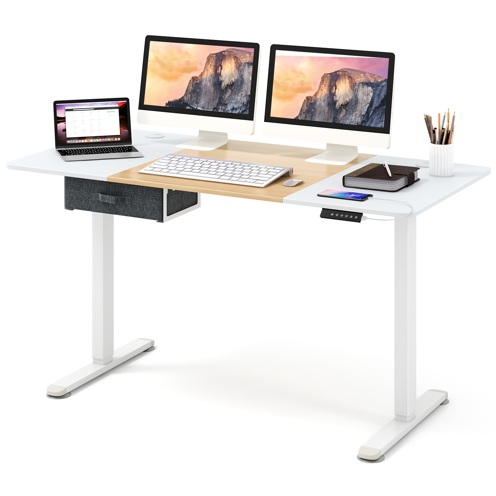 Electric Height Adjustable Standing Desk with USB Charging Port-Natural