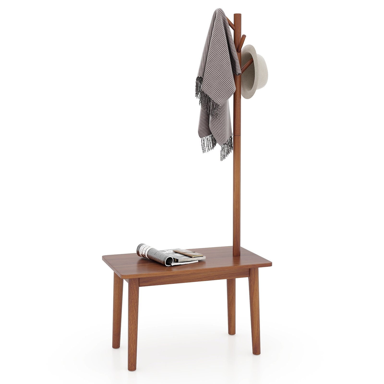 Solid Wood Coat Tree with 2-in-1 Side Table and 3 Hooks for Hats Bags Coats-Coffee