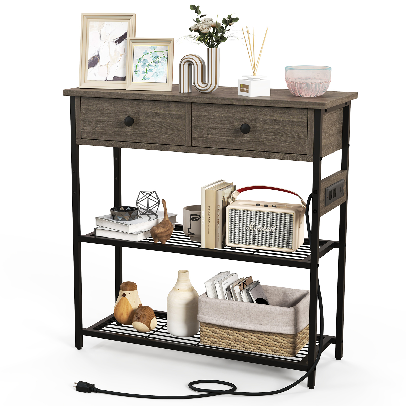 Entryway Narrow Console Table with Charging Station-Grey