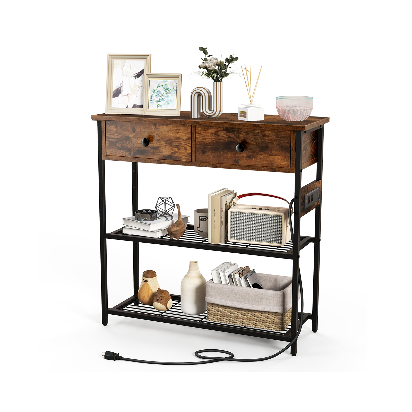 Entryway Narrow Console Table with Charging Station-Rustic Brown