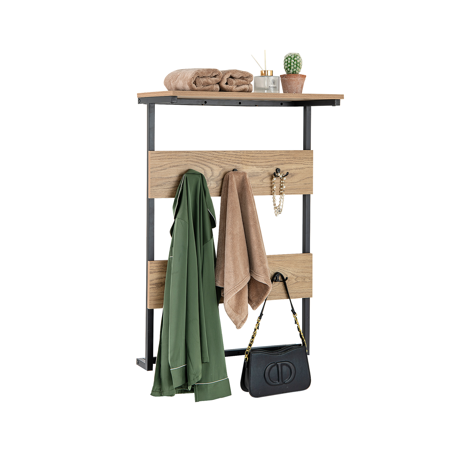 Entryway Wall Coat Rack with 6 Hooks and Display Shelf-Natural