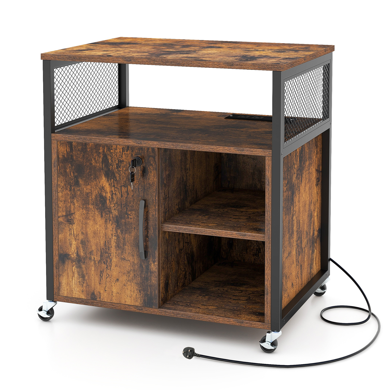 File Cabinet on Wheels with Charging Station and Cable Management Hole-Coffee