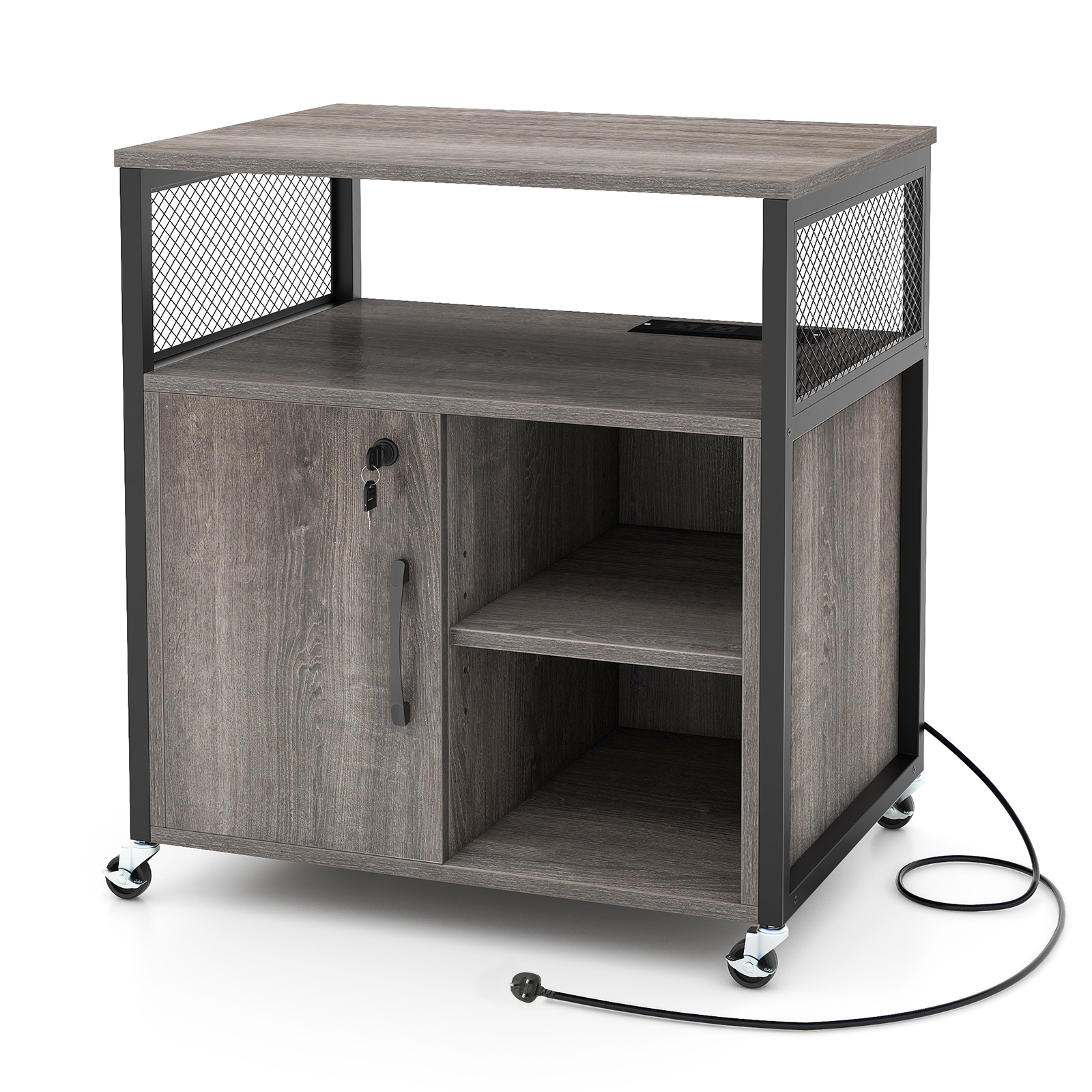 File Cabinet on Wheels with Charging Station and Cable Management Hole-Grey