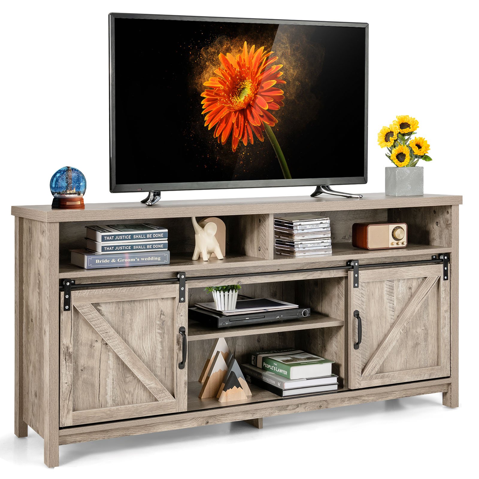 Sliding Barn Door Farmhouse Flat Screen Console for 65 Inch TVs-Grey