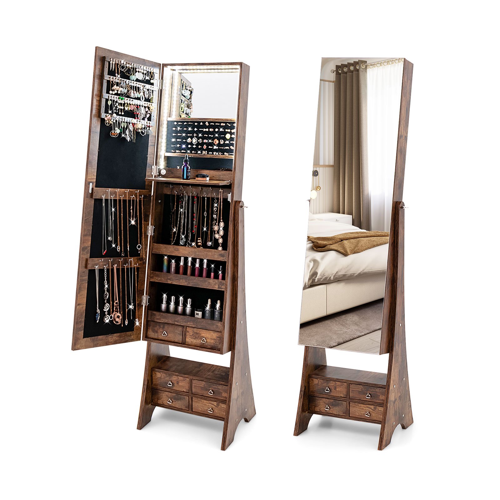 Floor Jewelry Armoire Organizer with Full-Length Mirror-Brown