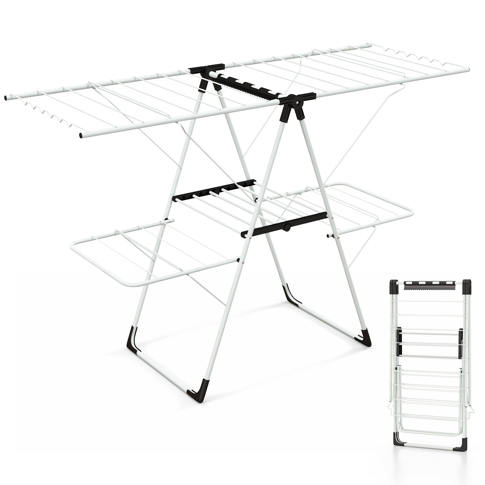 Foldable 2-level Laundry Drying Rack with Adjustable Wings and Clips