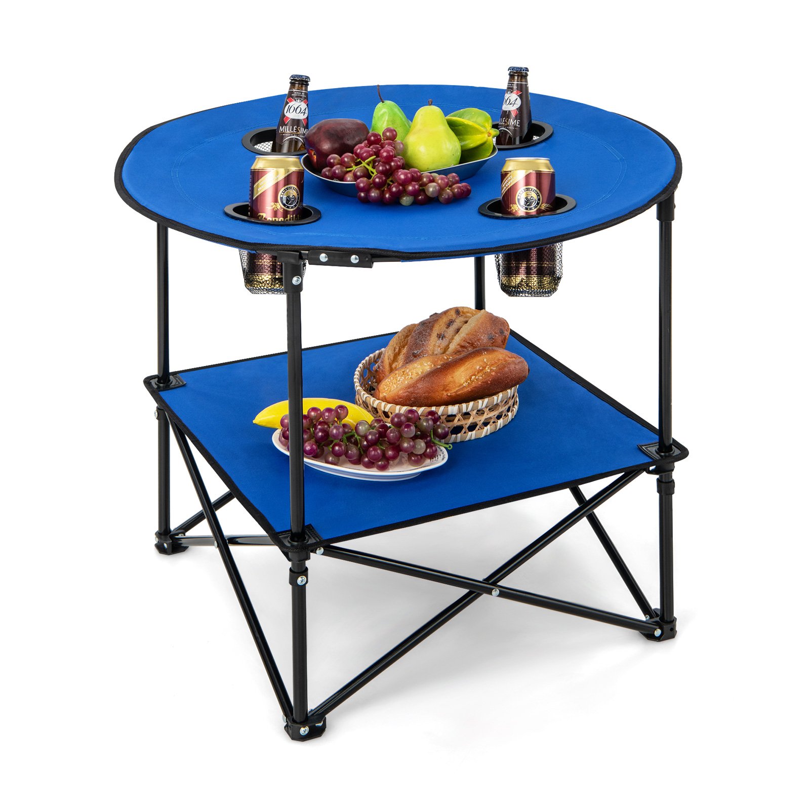 2-Tier Foldable Camping Table Portable Picnic Table with Carrying Bag-Blue