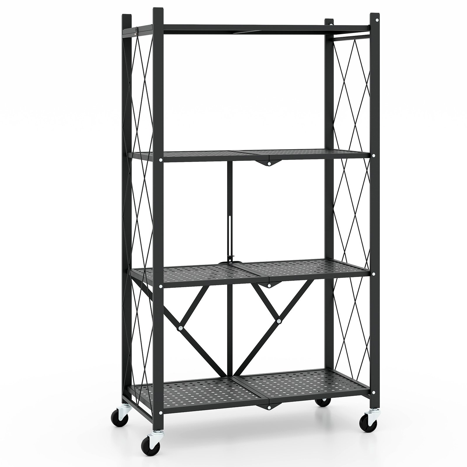 4-Tier Metal Foldable Collapsible Storage Rack with Lockable Wheels-Black