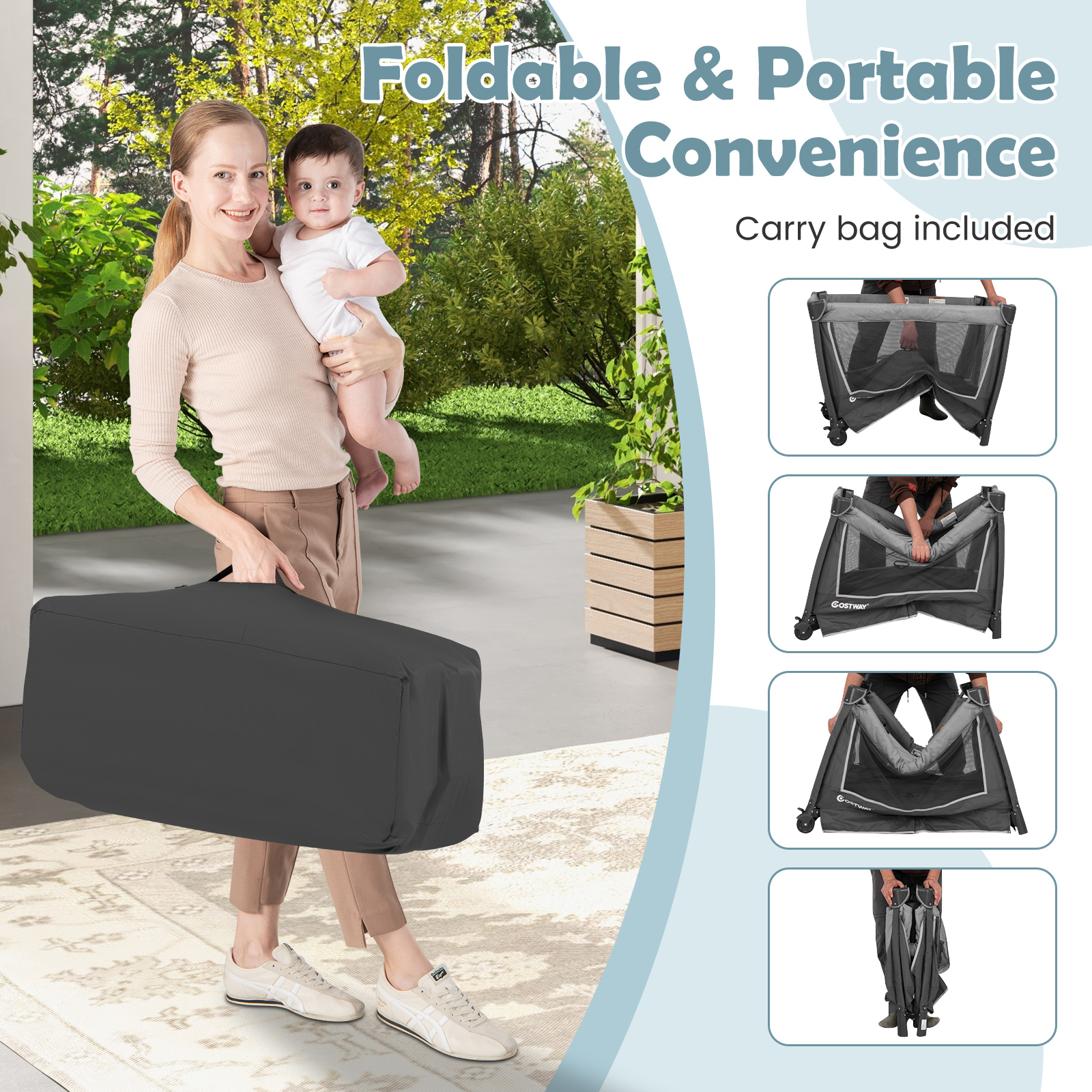 5-in-1 Foldable Pack and Play with Removable Bassinet-Grey