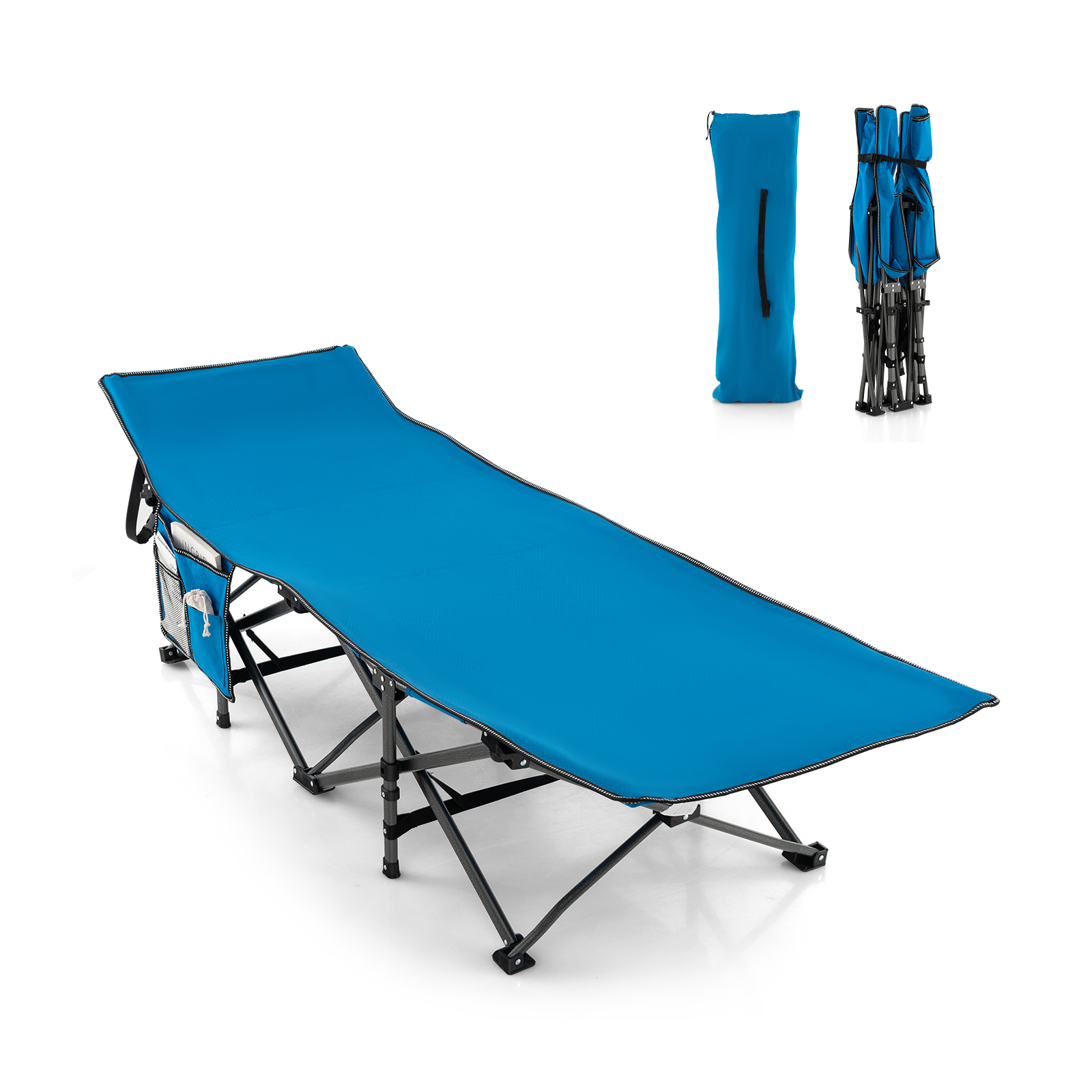 Folding Camping Cot Heavy-duty Sleeping Cot with 3-In-1 Pocket-Blue