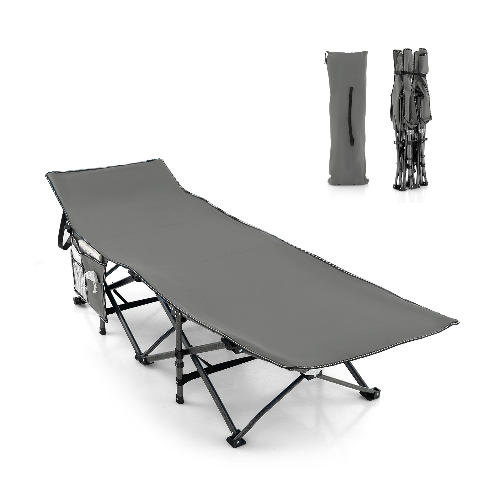 Folding Camping Cot Heavy-duty Sleeping Cot with 3-In-1 Pocket-Grey