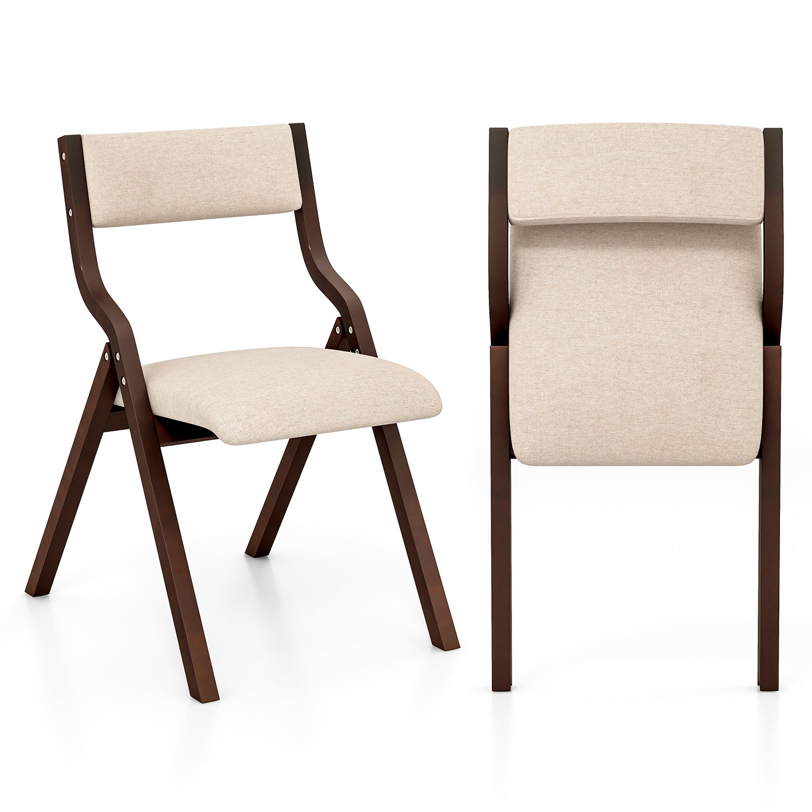 Folding Dining Chair Set of 2 with Solid Wood Frame and Padded Seat-Beige