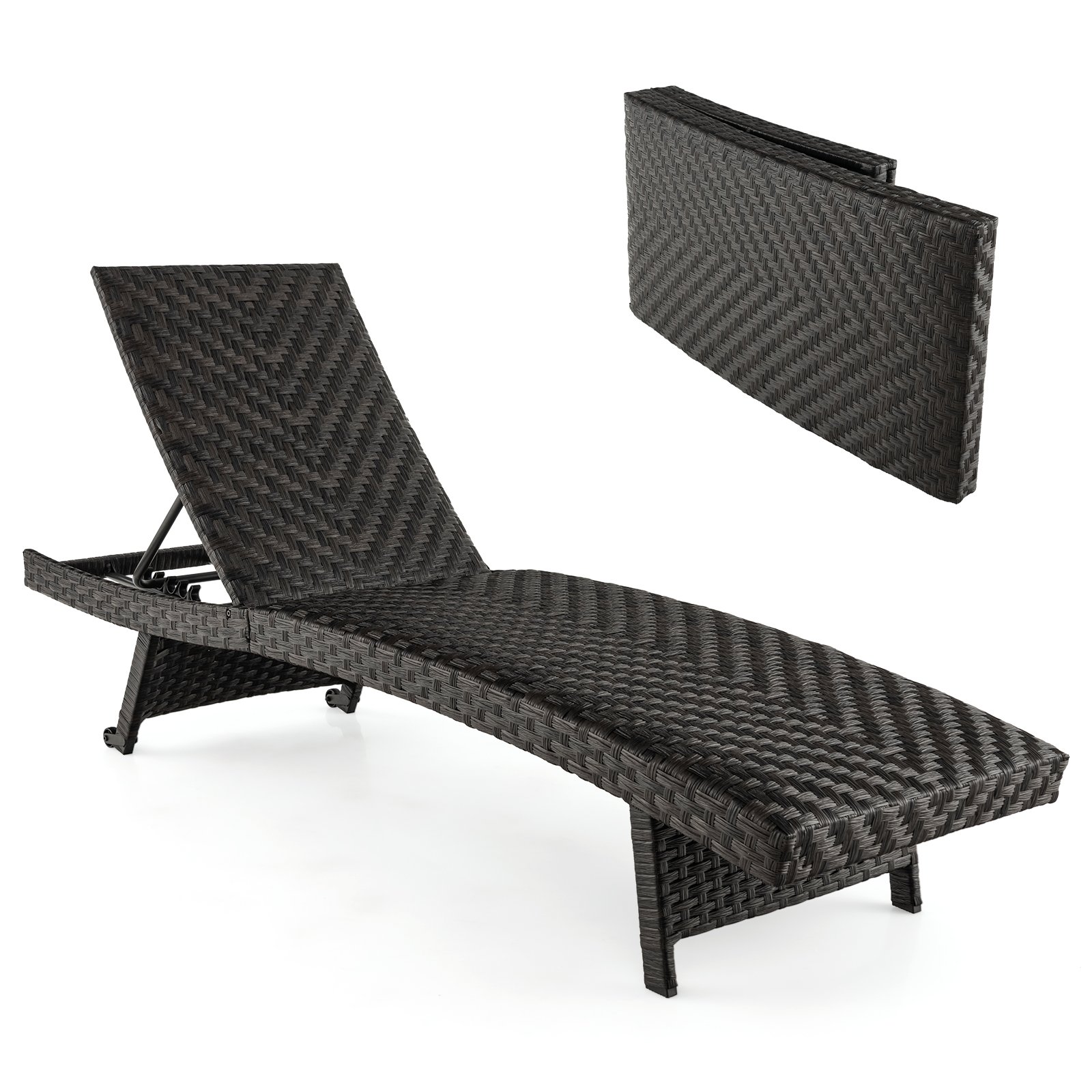 Folding Rattan Patio Chaise Lounge with 5-Level Adjustable Backrest