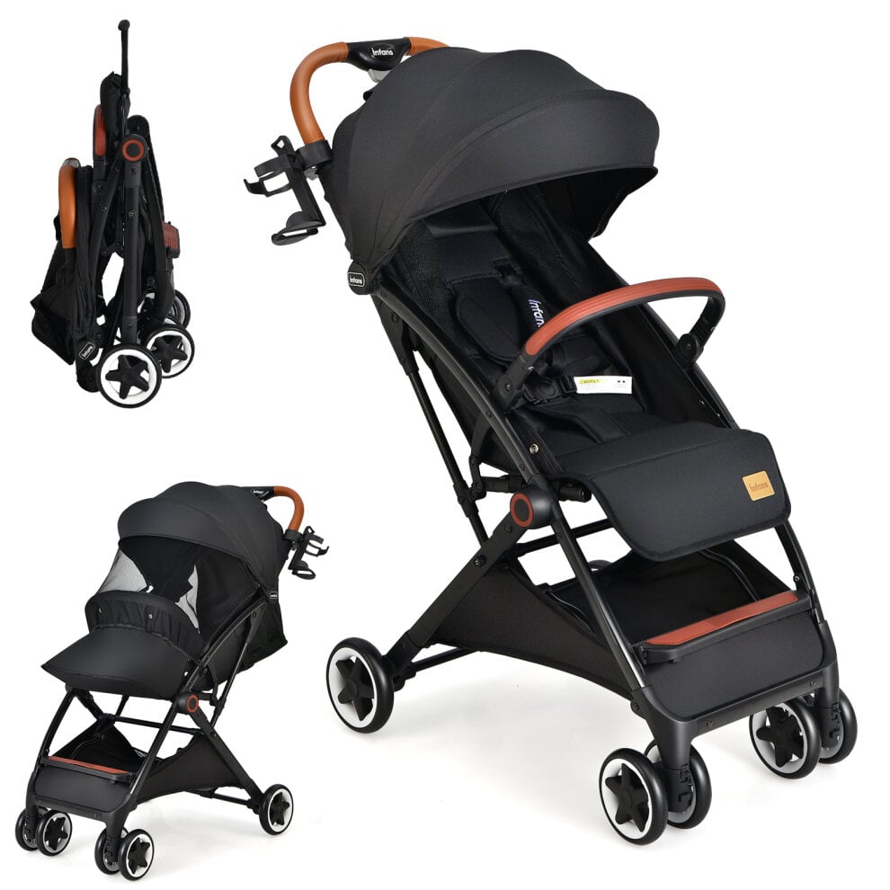 Folding Pushchair with Adjustable Backrest and Footrest-Black