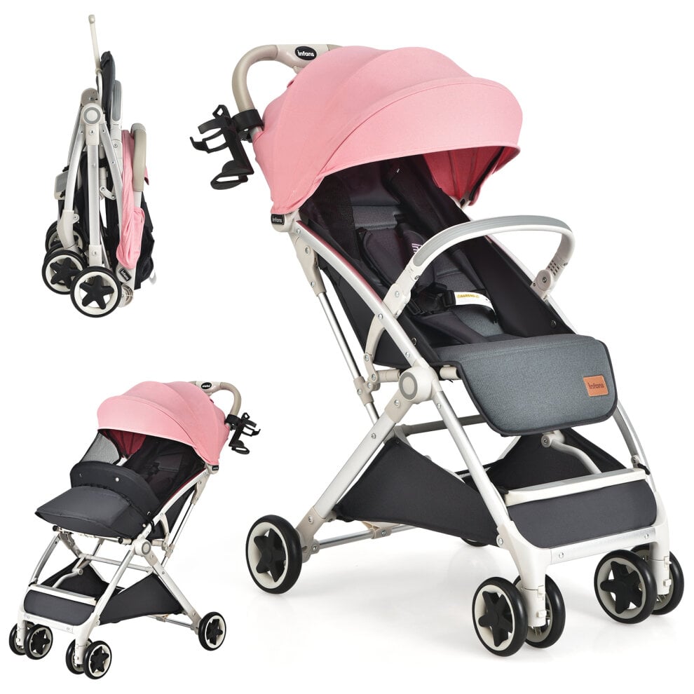 Folding Pushchair with Adjustable Backrest and Footrest-Pink