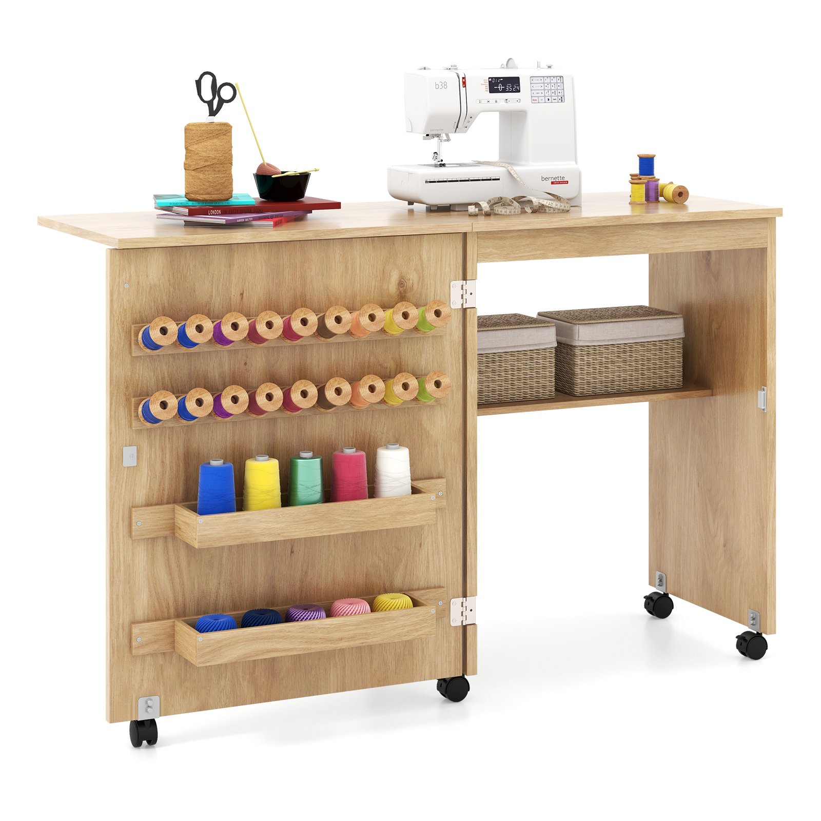 Folding Sewing Table with Storage Shelf and 5 Lockable Wheels-Natural