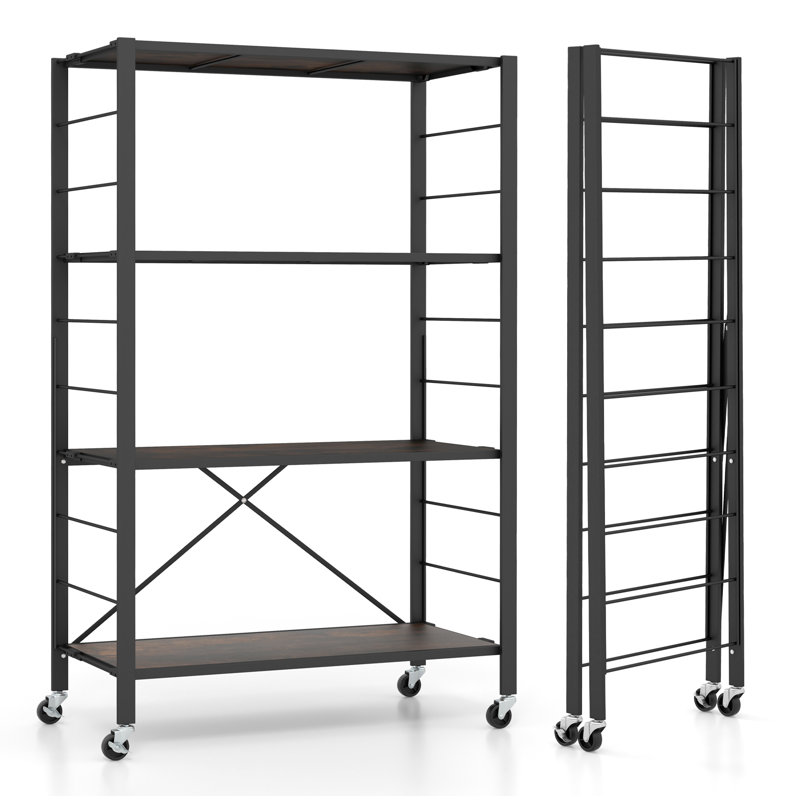 4-Tier Folding Storage Rack Metal Shelf Organizer with Wheels-Black