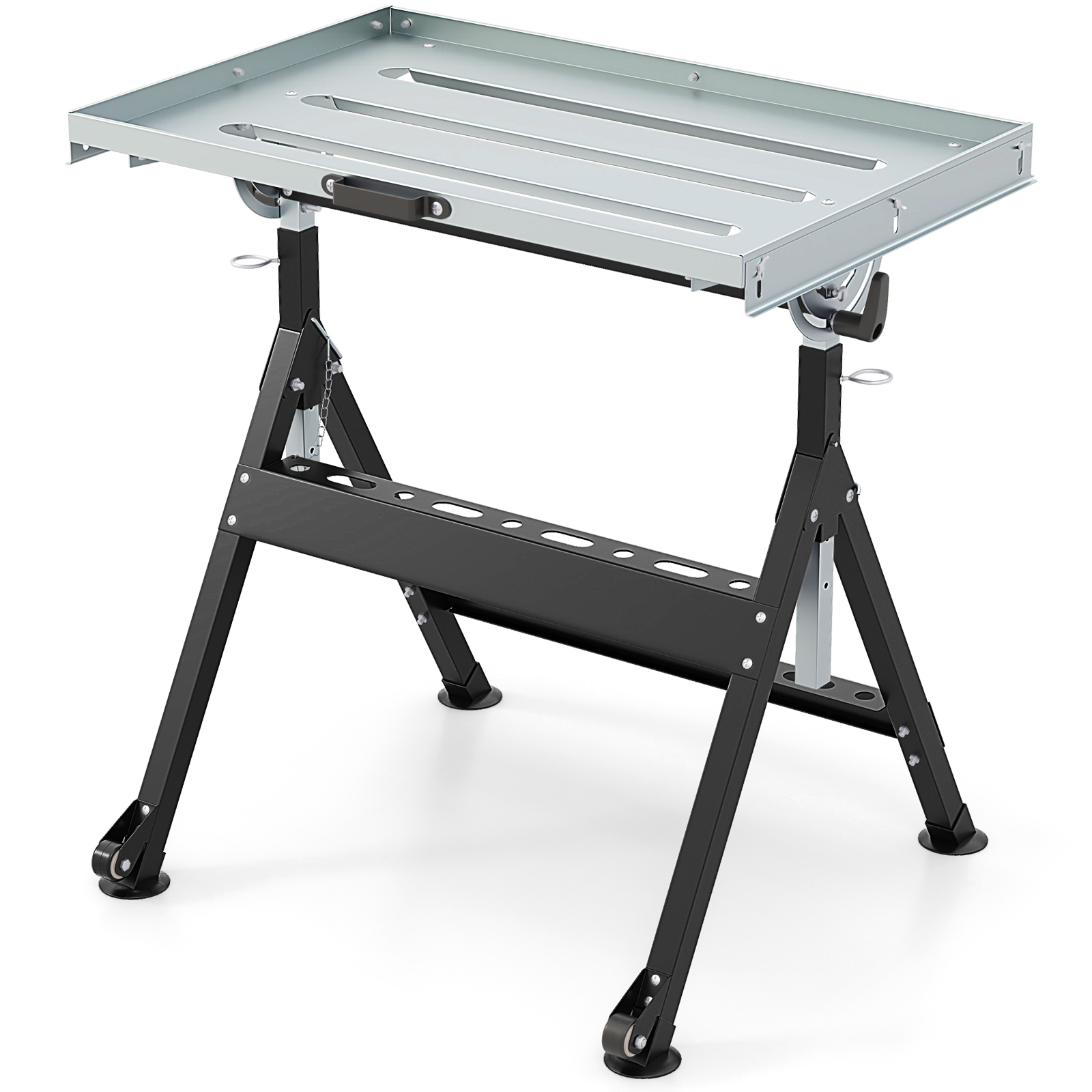 Folding Welding Table with 76 x 51 cm Tabletop and 2 Fixed Wheels-Black