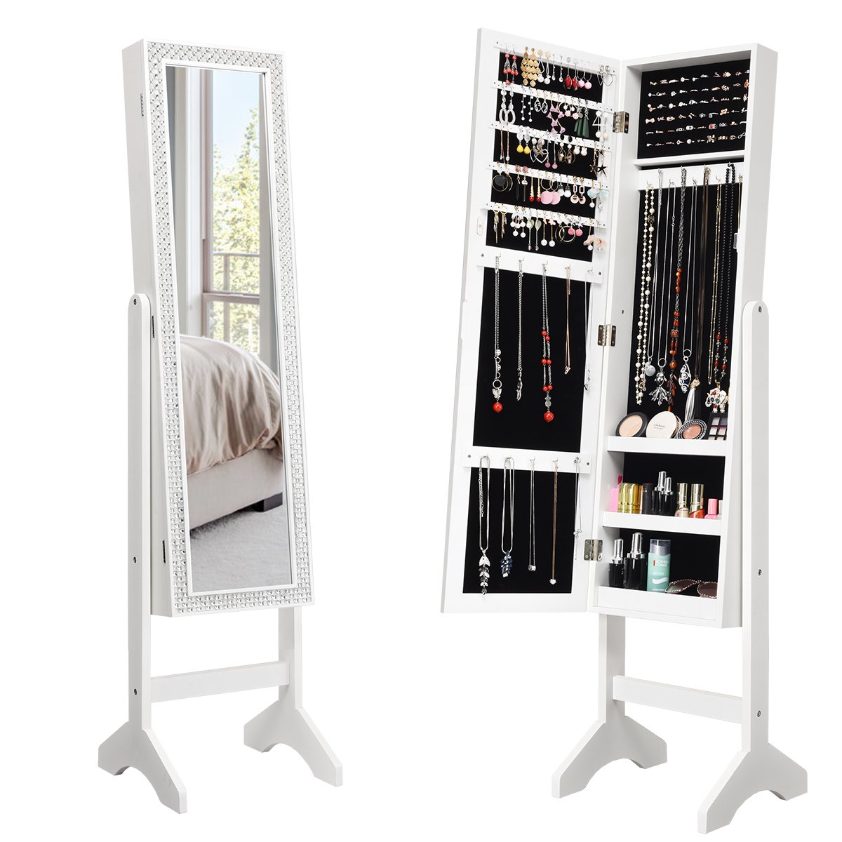 Freestanding Jewelry Cabinet Armoire with Full-Length Mirror-White