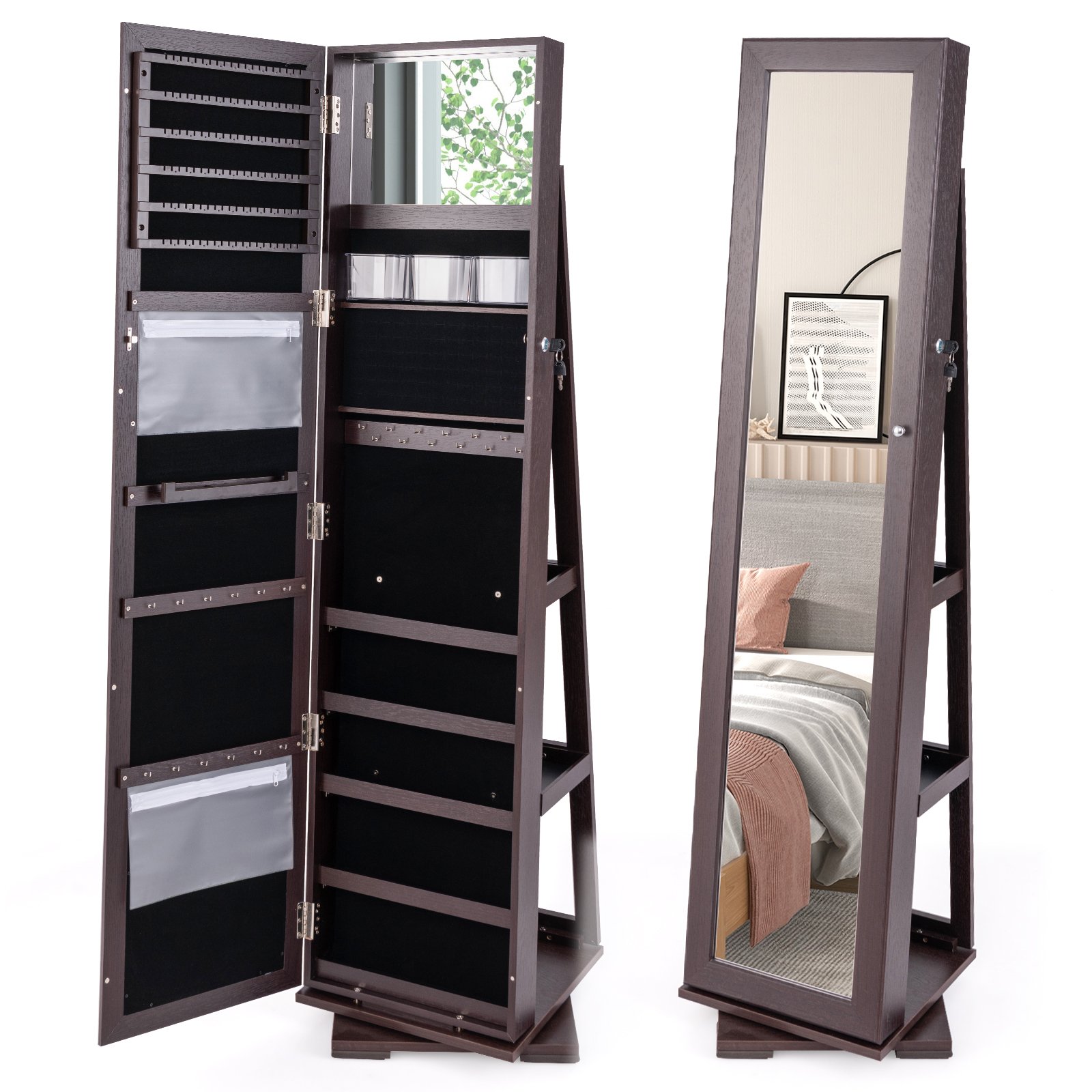 Full Length Mirrored Jewellery Cabinet Rotates 360° with Display Shelves-Coffee