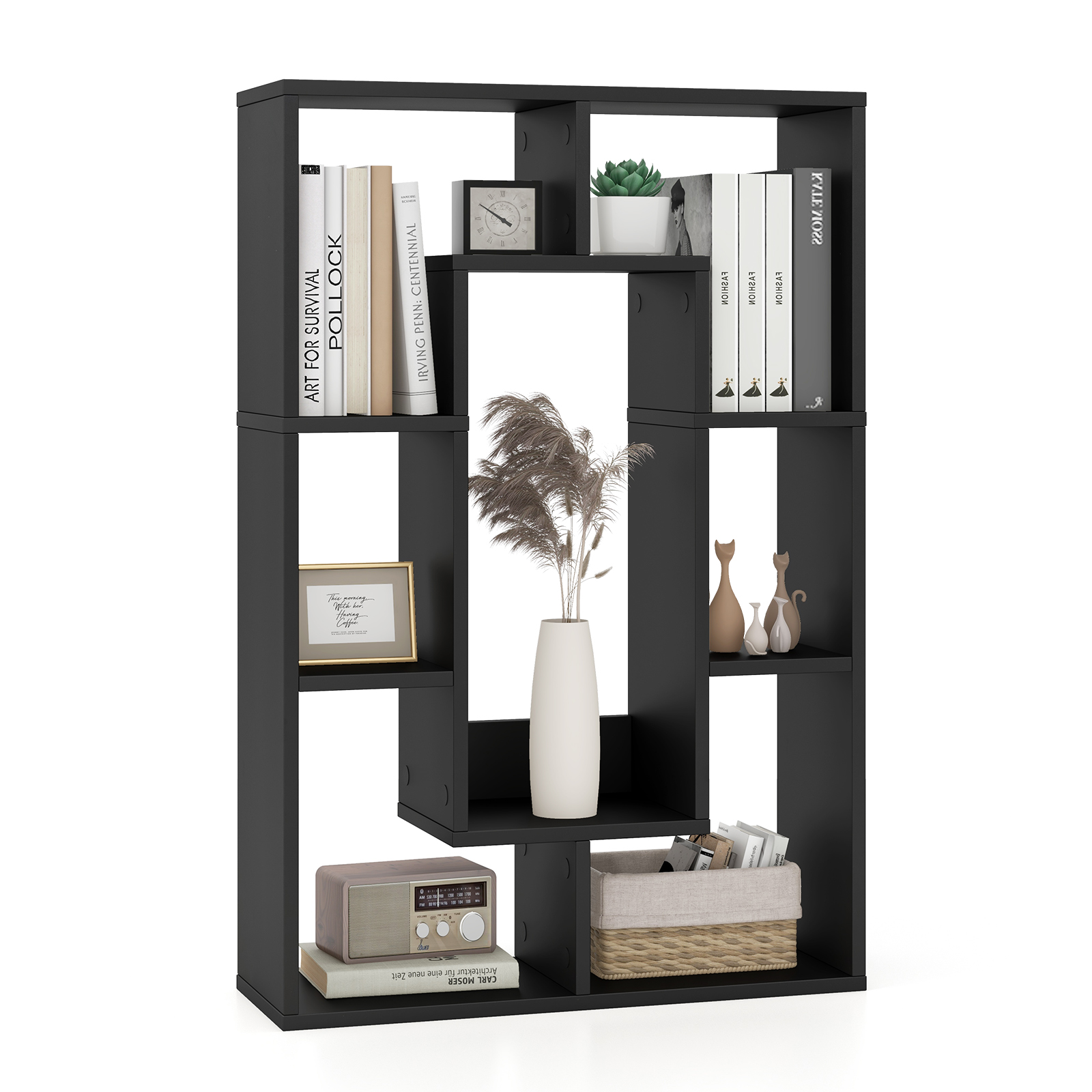 7-Cube Geometric Bookshelf Open Bookcase with Anti-Toppling Device-Black