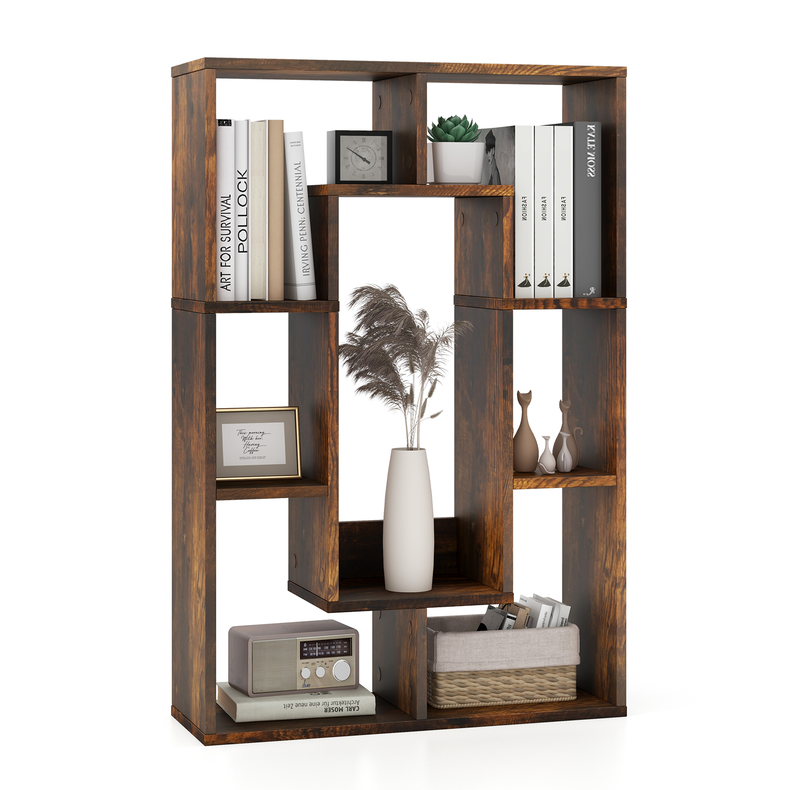 7-Cube Geometric Bookshelf Open Bookcase with Anti-Toppling Device-Rustic Brown