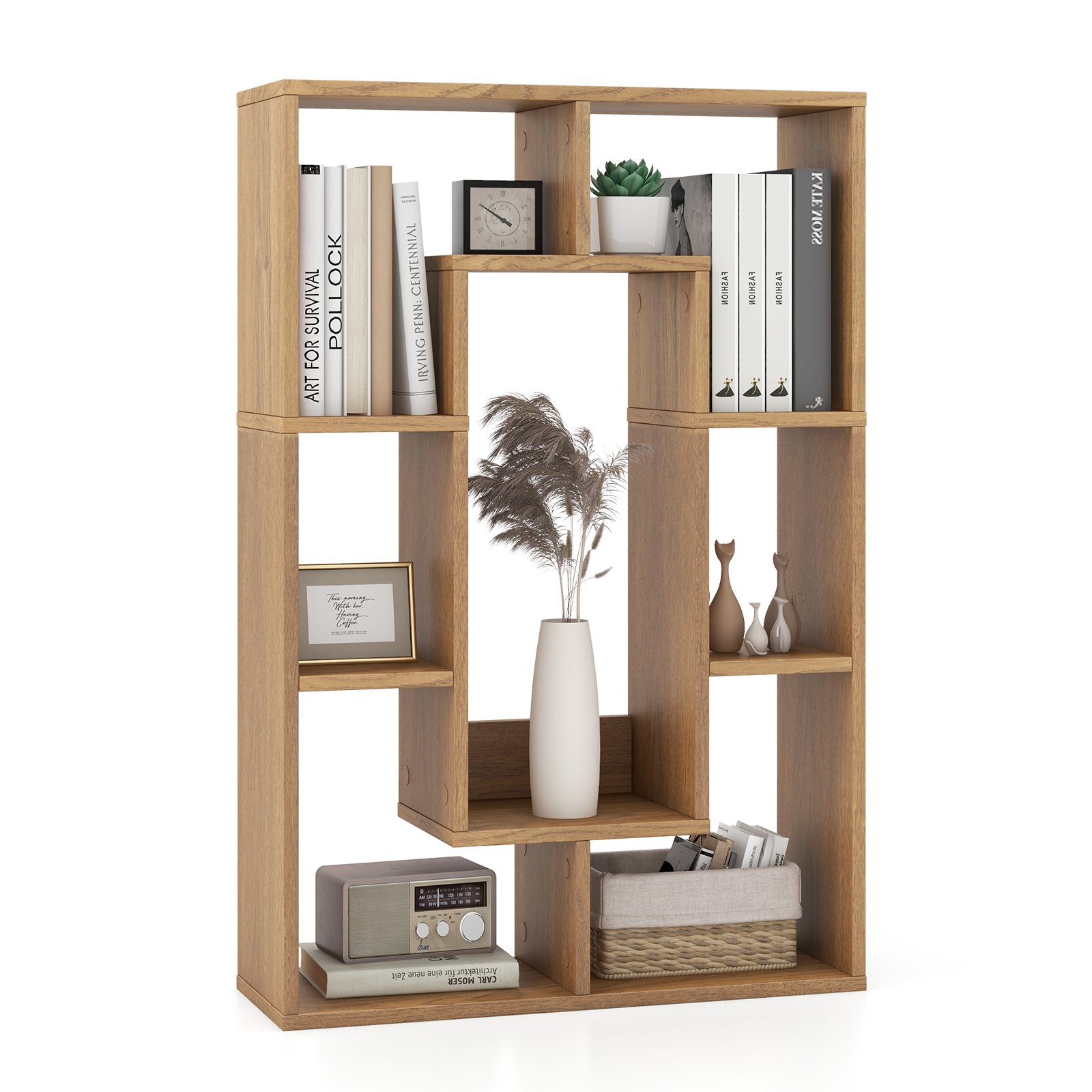 7-Cube Geometric Bookshelf Open Bookcase with Anti-Toppling Device-Natural