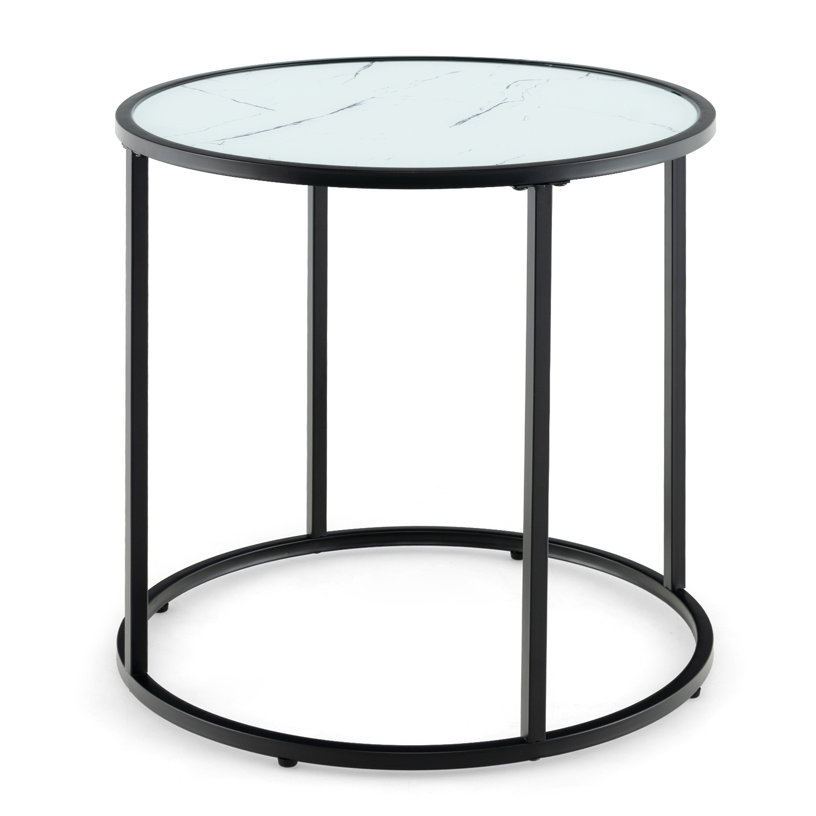 50CM Round Side Table with Metal Frame and Faux Marble Glass Top-White