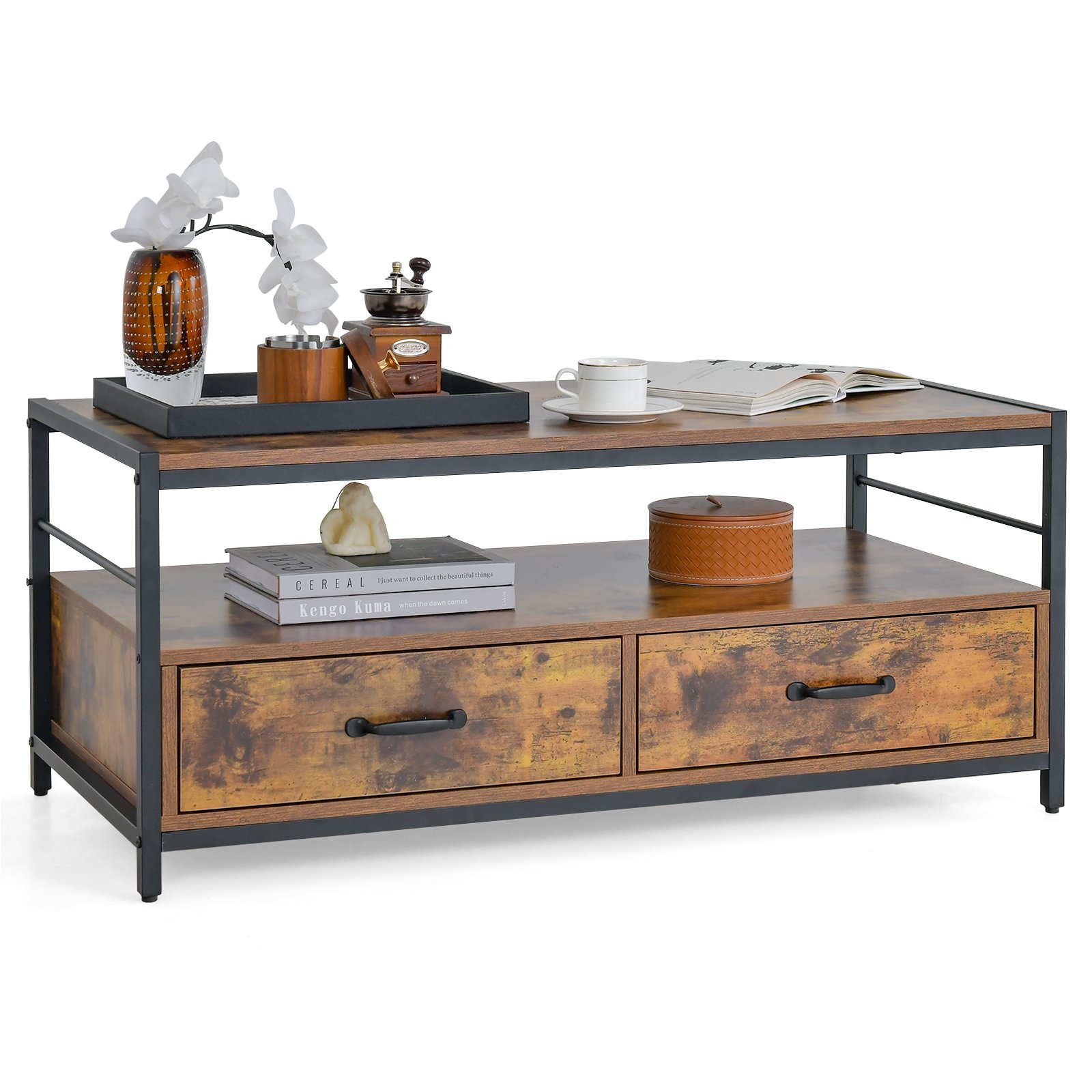 Coffee Table with Storage Drawers and Shelf-Rustic Brown