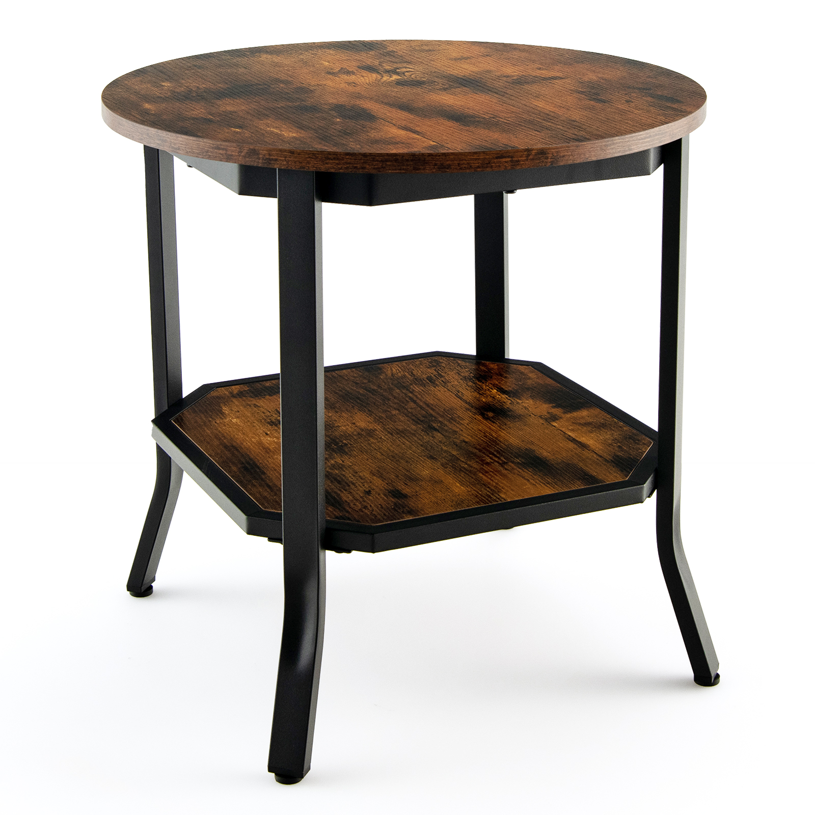 2-Tier Industrial Round End Table-Rustic Brown