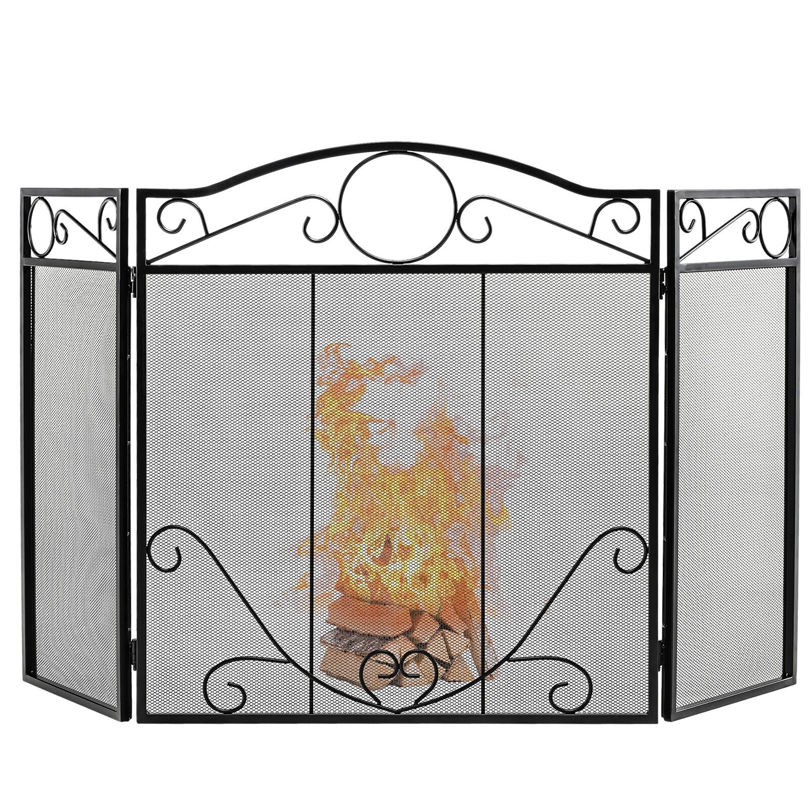 3-Panel Folding Metal Fireplace Screen with Leaves Decoration