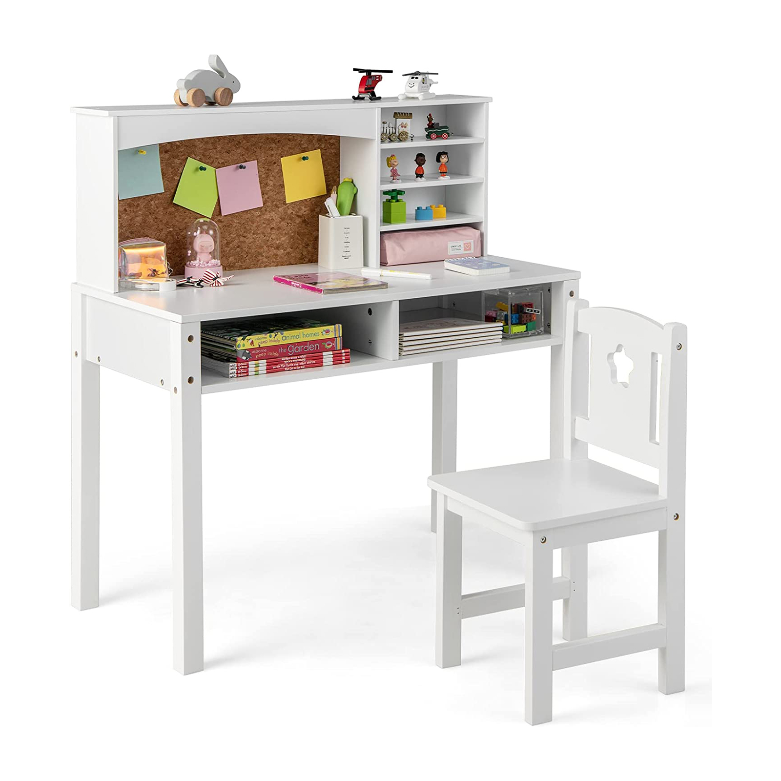 Wooden Kids Desk and Chair Set with Hutch for Studying and Reading-White