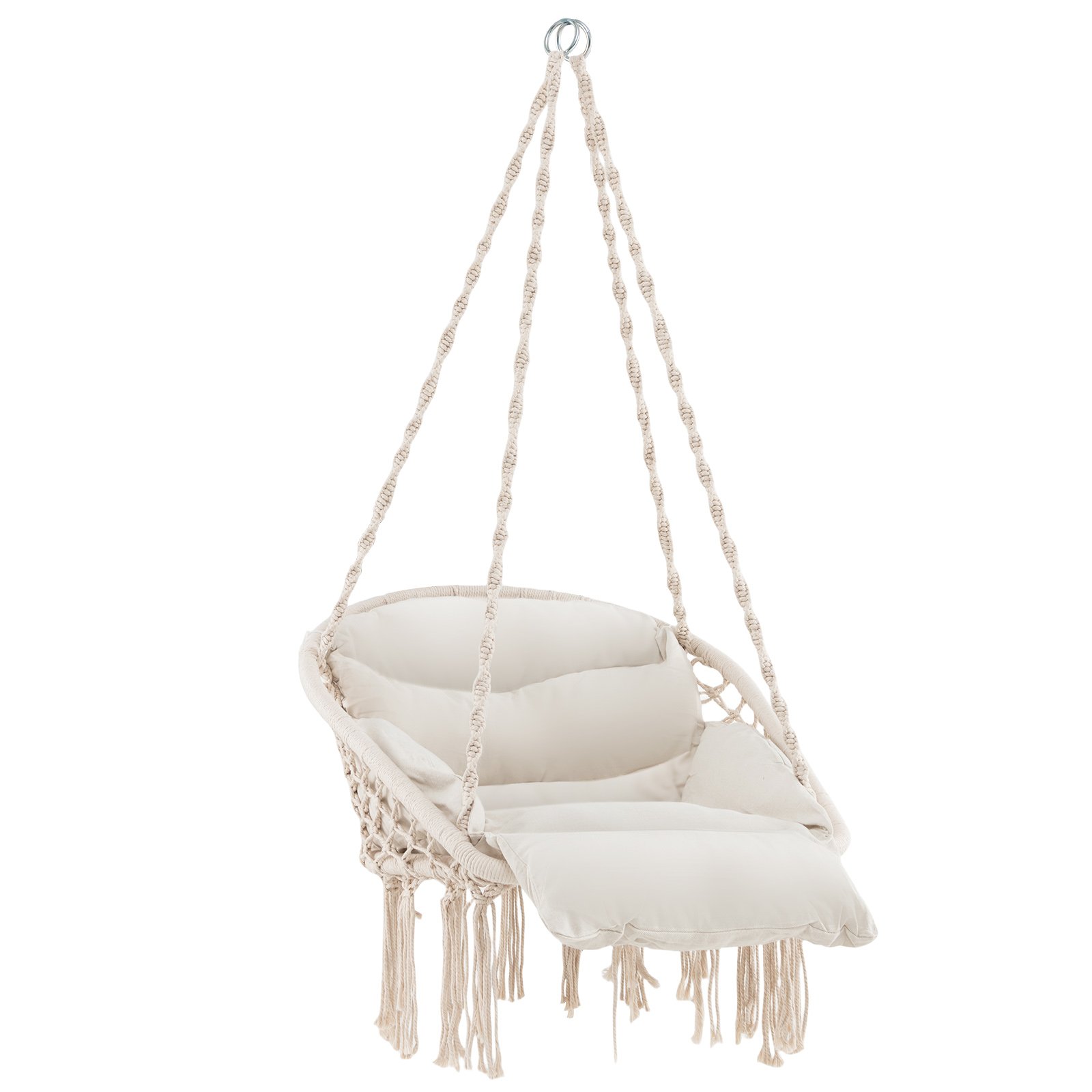 Hammock Chair with Thick Cushion and Macrame for Porch Poolside and Deck-Beige