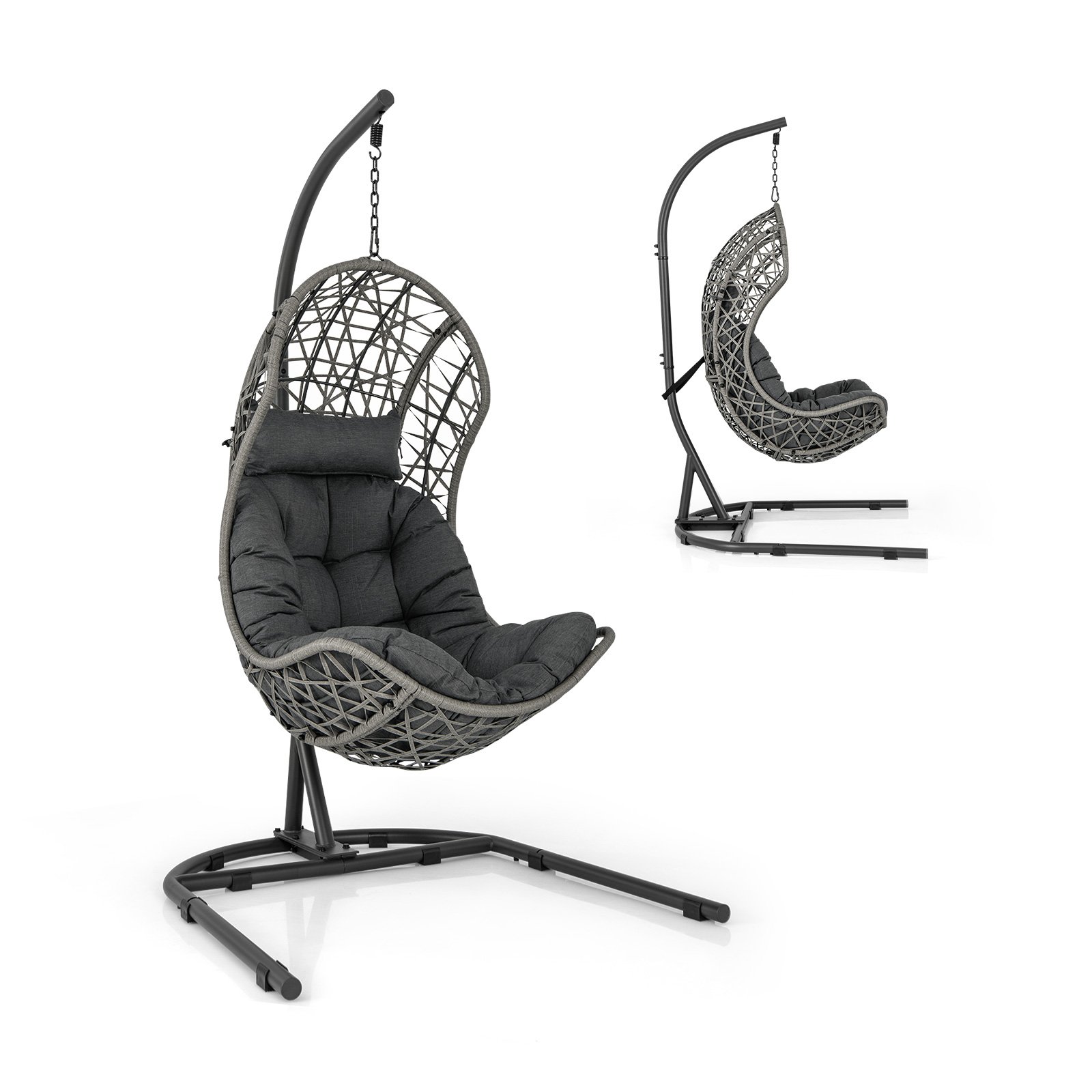 Hanging Egg Patio Wicker Chair with Stand and Cushion-Grey