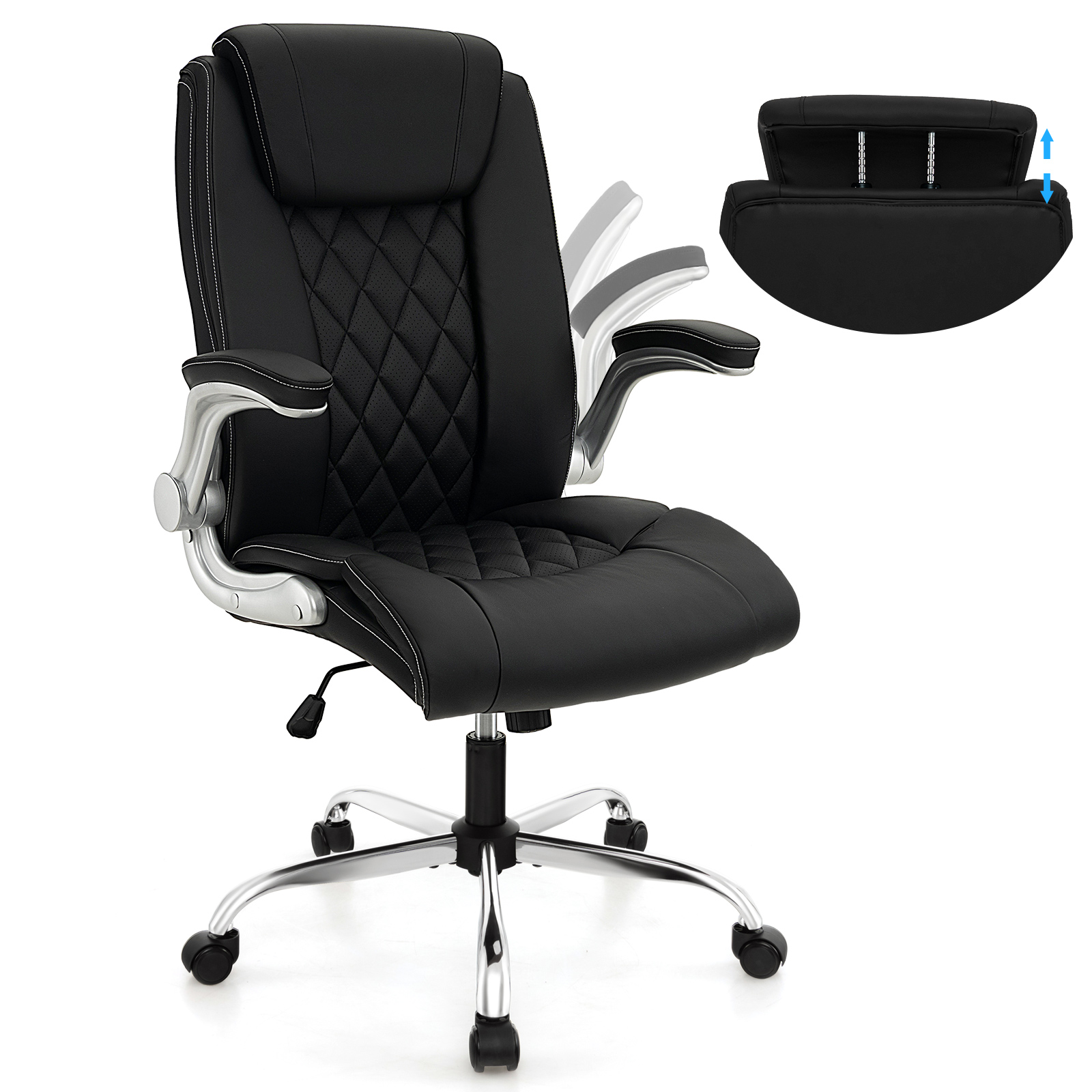 Height Adjustable PU Leather Office Chair with 6-level Headrest-Black