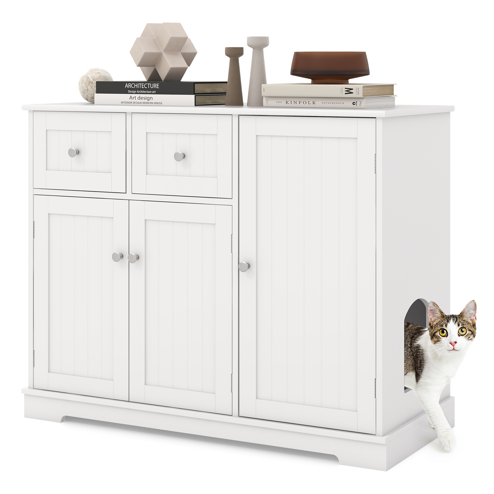 Hidden Cat Washroom Side Cabinet Wooden Pet House with 2 Drawers-White