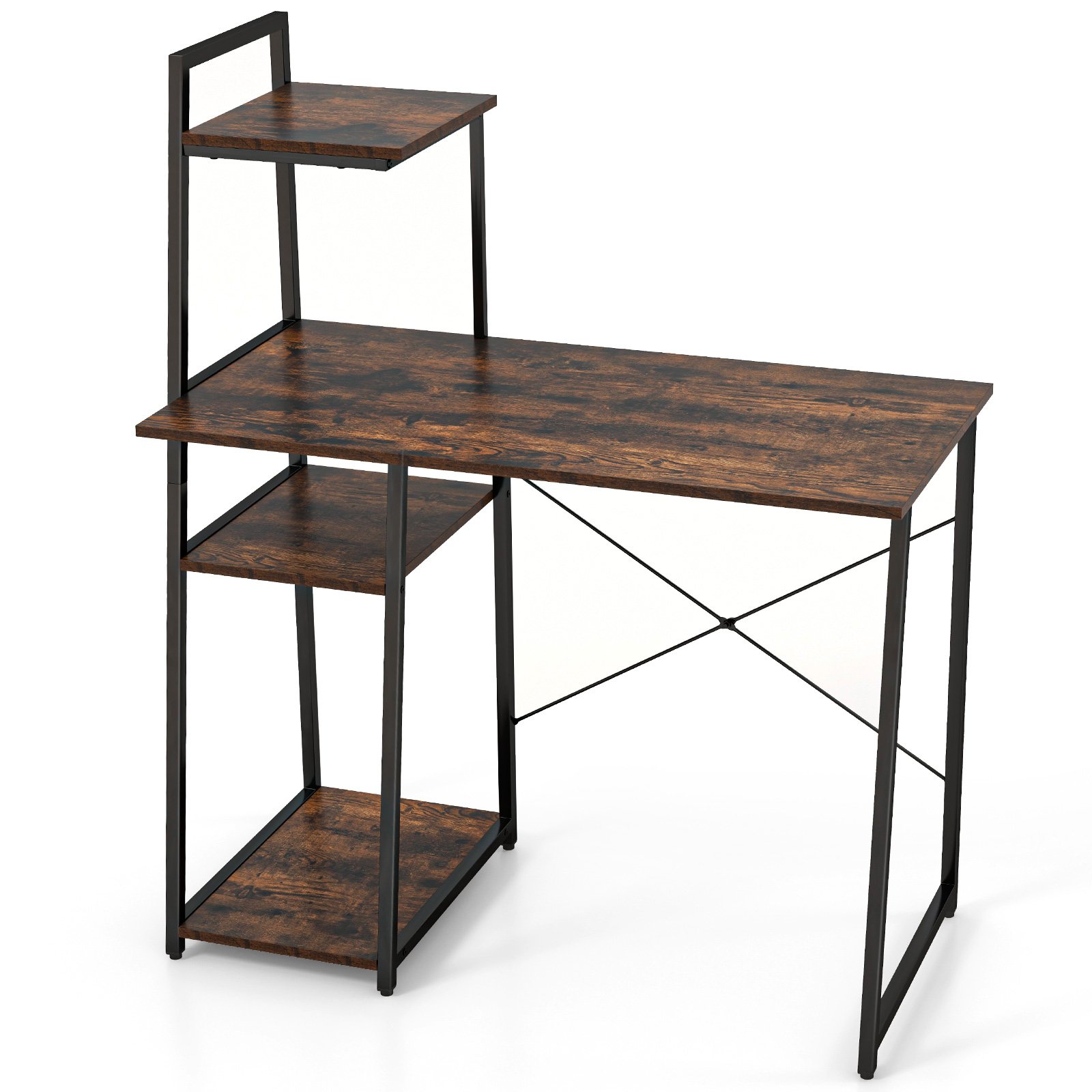 Home Office Desk with Bookshelf and Host Stand-Brown