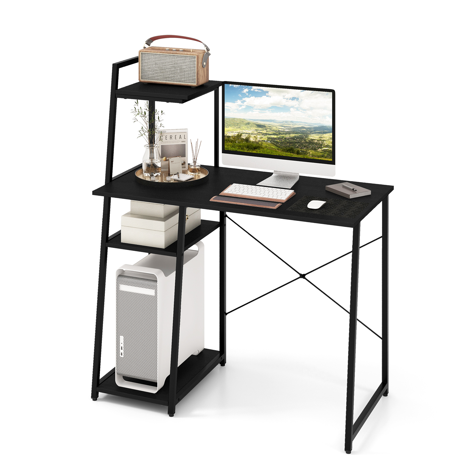 Home Office Desk with Bookshelf and Host Stand-Black