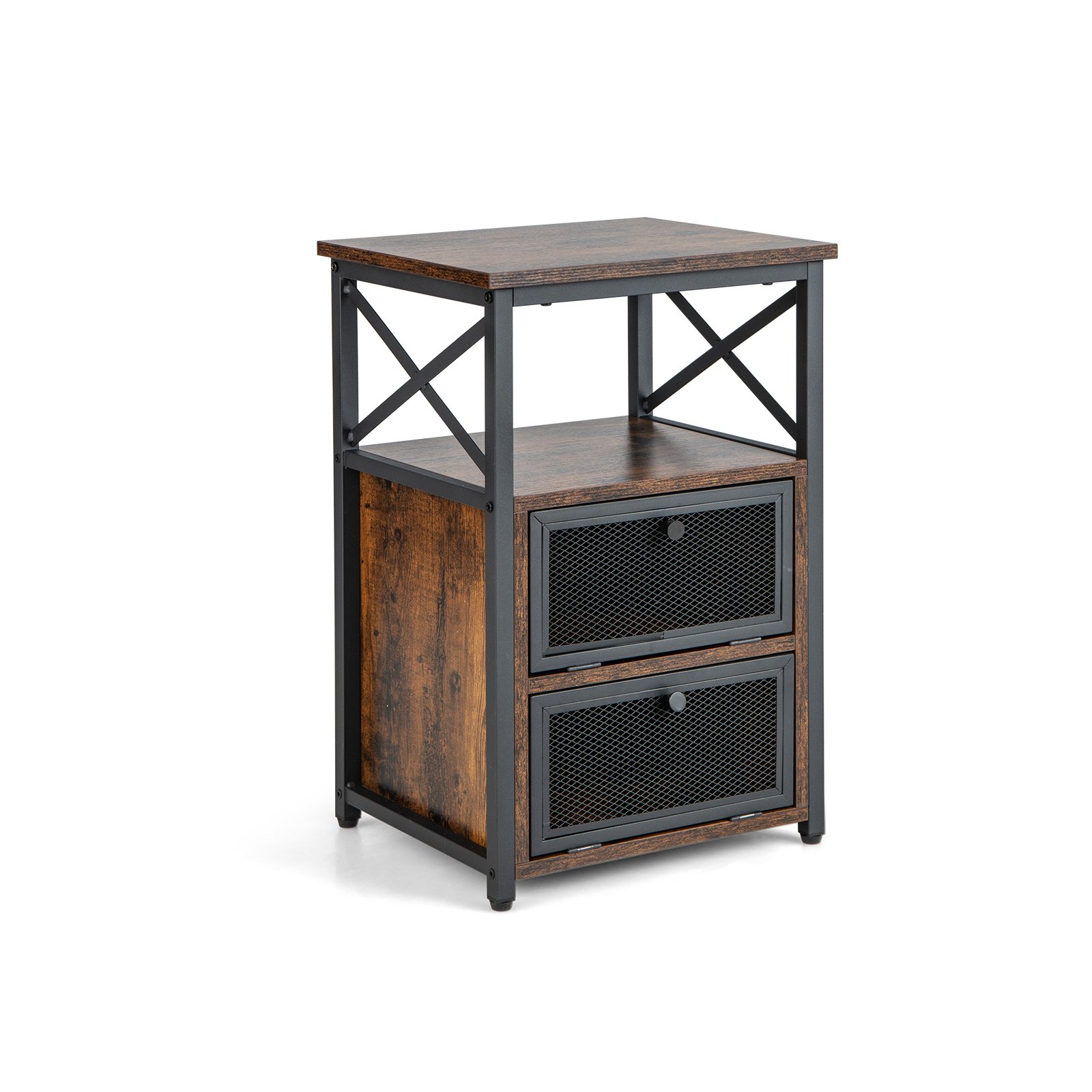 Industrial Bedside Nightstand with 2 Flip Drawers and Open Shelf-Rustic Brown