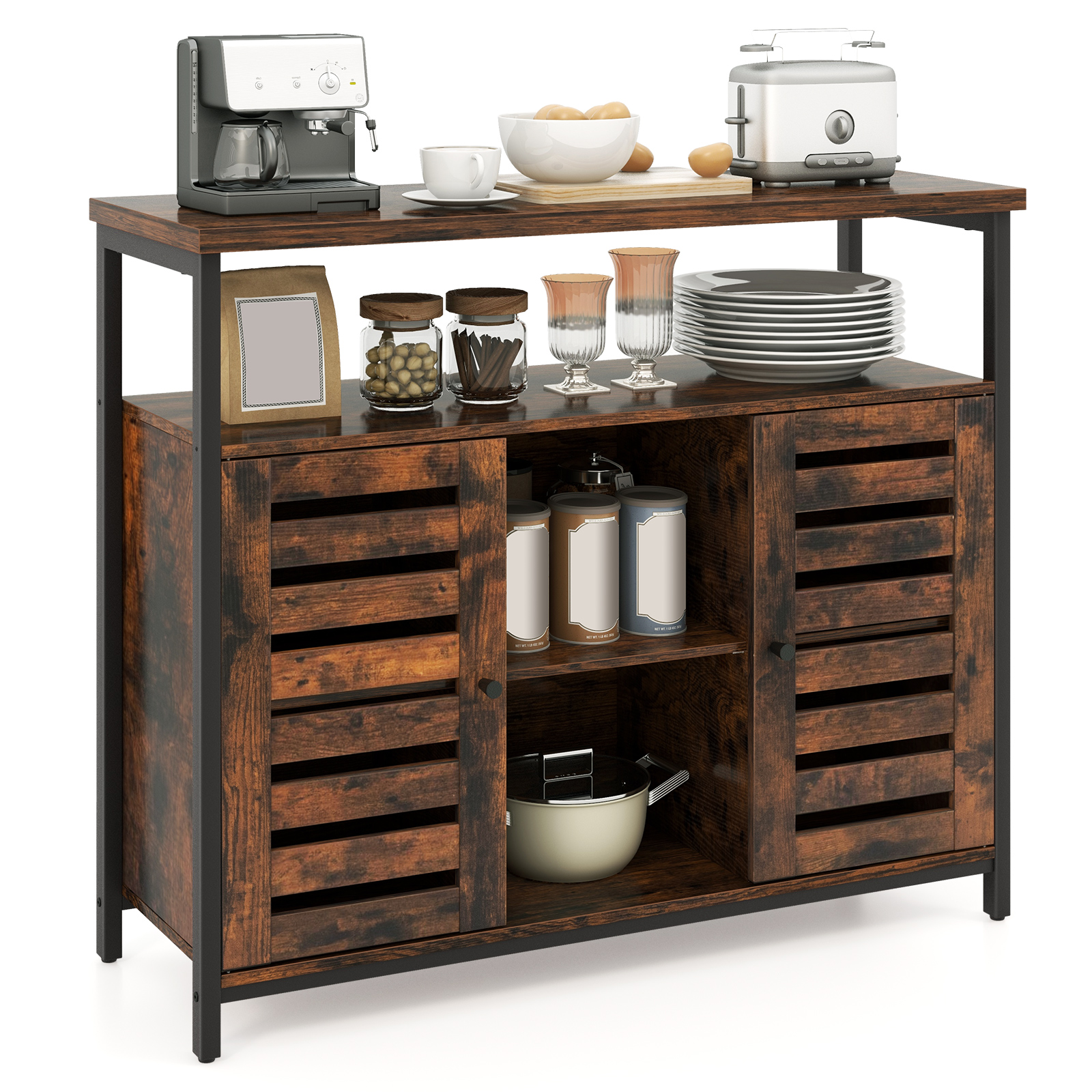 Sideboard Storage Cabinet with Slatted Door and 3 Adjustable Shelves-Rustic Brown