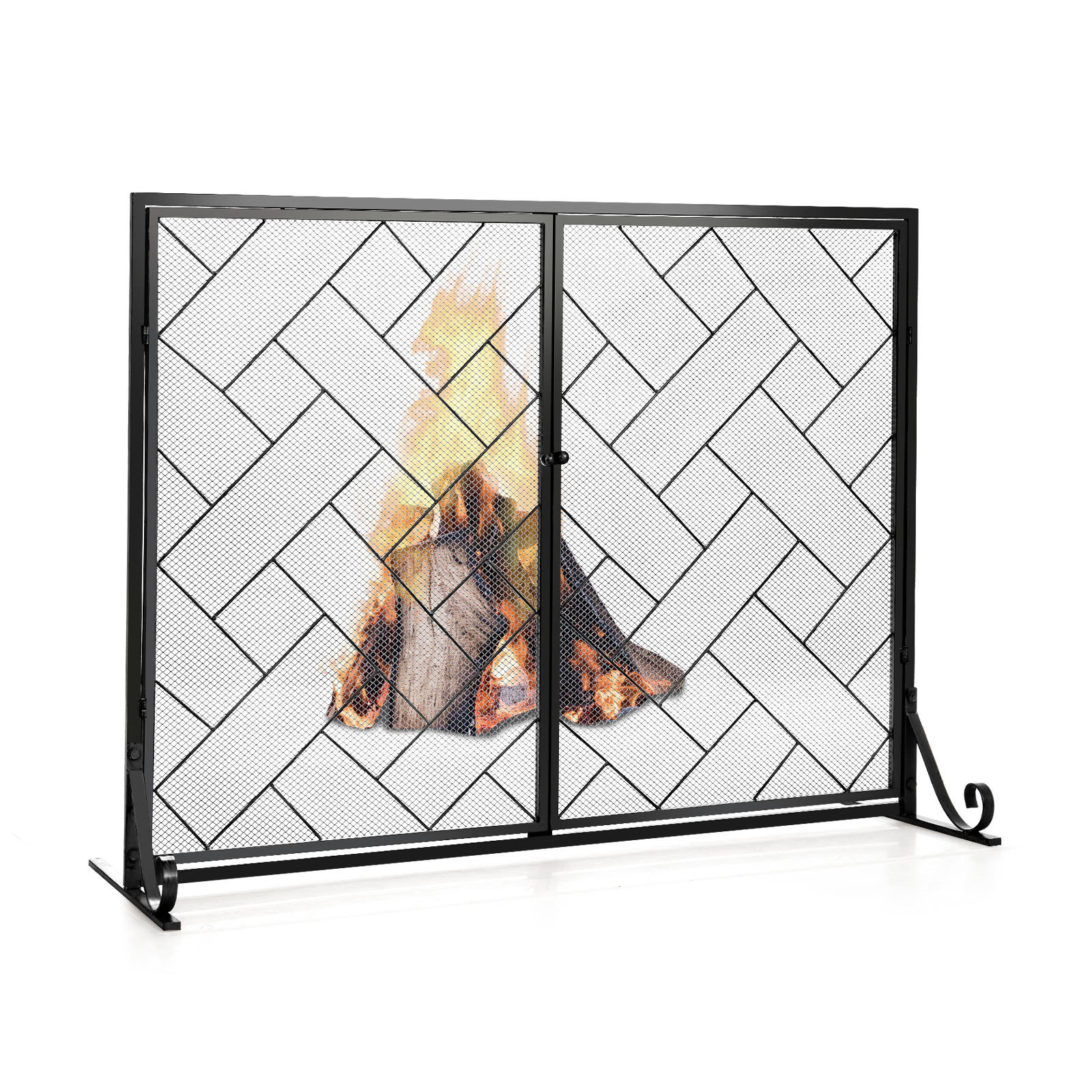 2-Panel Mesh Fireplace Screen with Double Magnetic Doors-Black