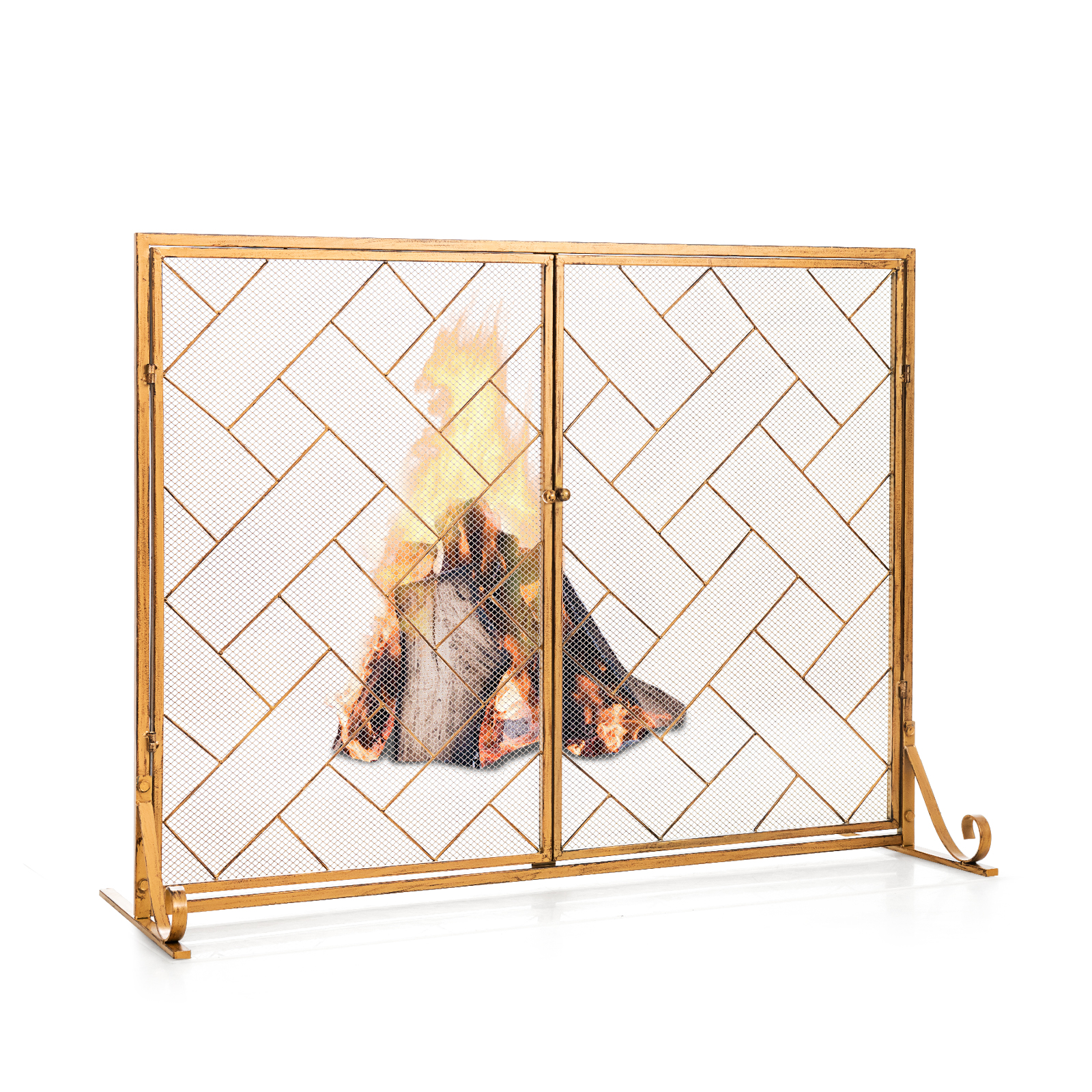 2-Panel Mesh Fireplace Screen with Double Magnetic Doors-Golden