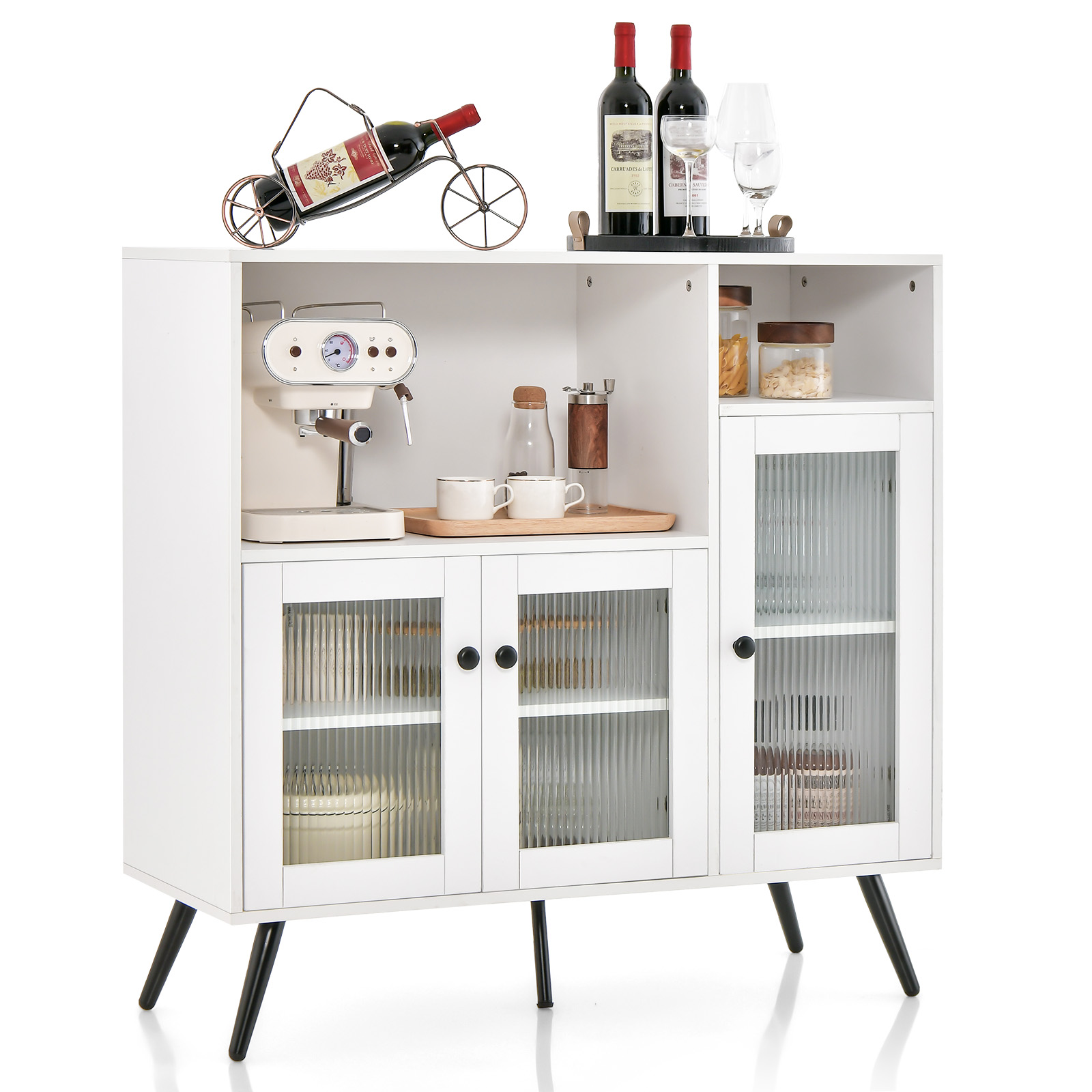 Industrial Wooden Kitchen Storage Cabinet with Tempered Glass Doors-White